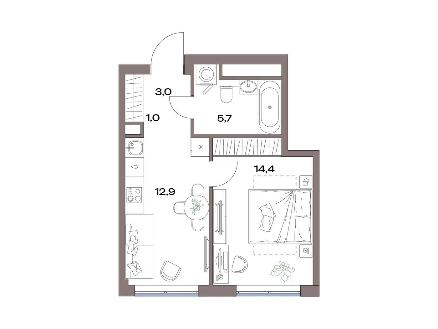 Планировка: 1-комн. квартира 37.00 м² в новостройке Акценты