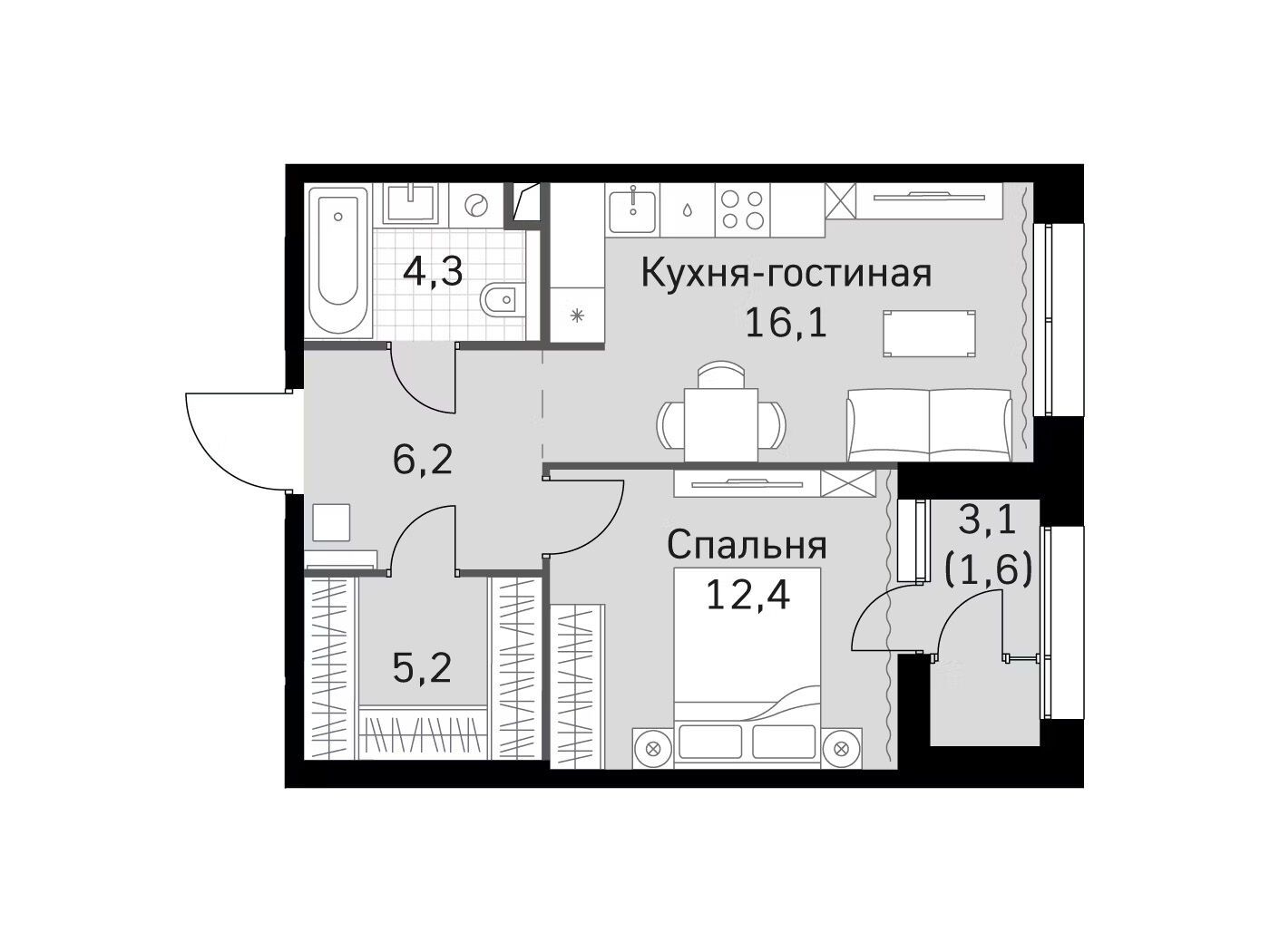 Планировка: 1-комн. квартира 45.80 м² в новостройке Скай Гарден