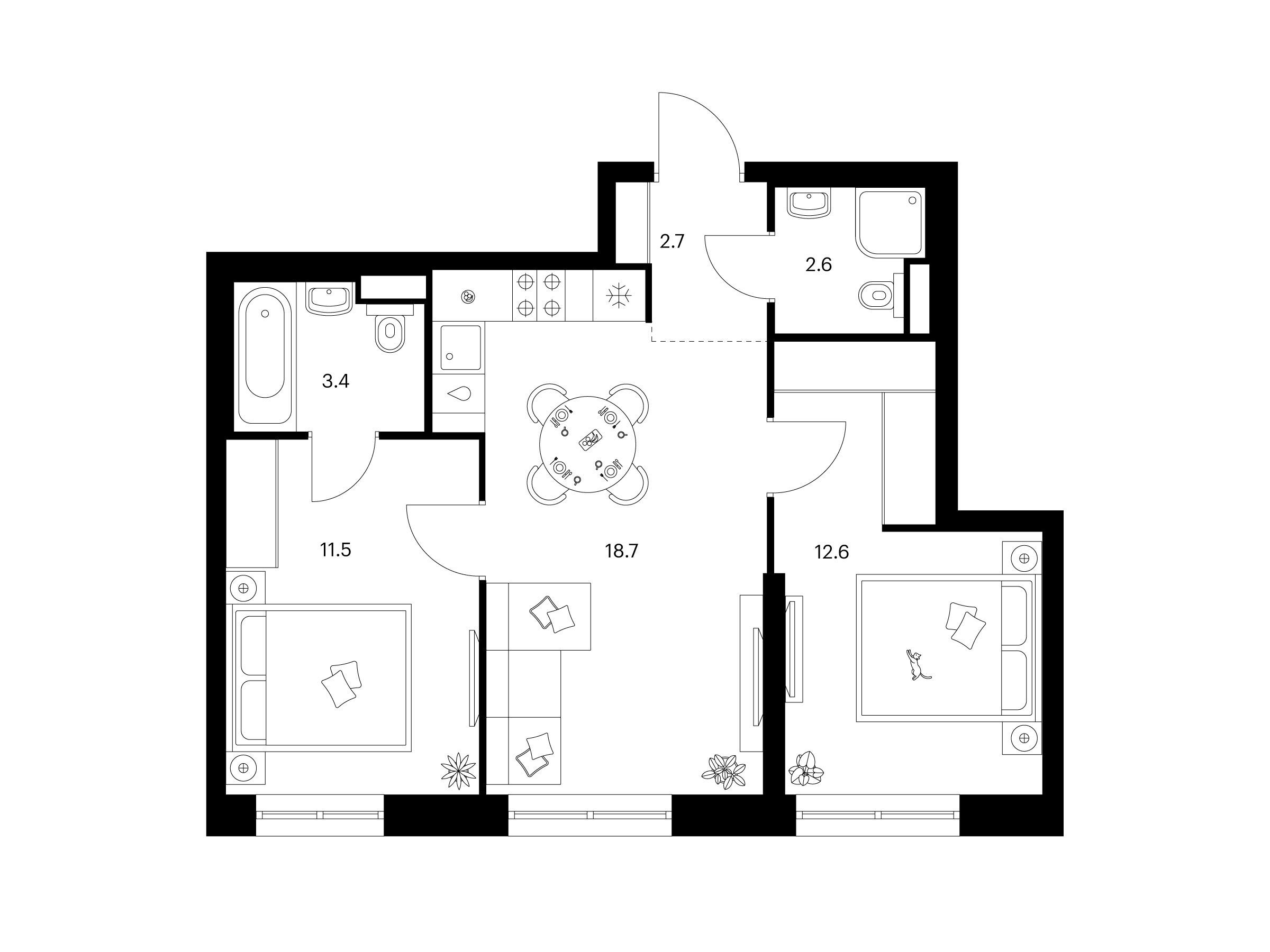 Планировка: 2-комн. квартира 51.50 м² в новостройке Нарвин
