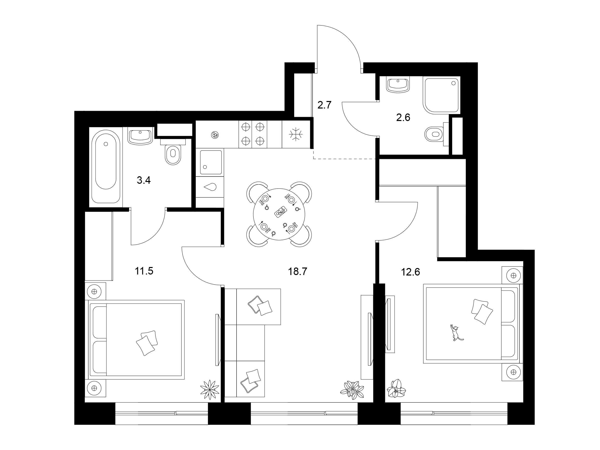 Планировка: 2-комн. квартира 51.50 м² в новостройке Нарвин