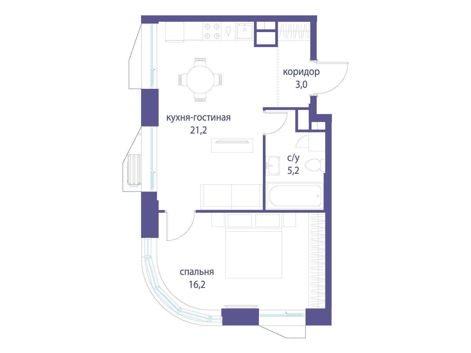 Планировка: 1-комн. квартира 45.60 м² в новостройке Символ