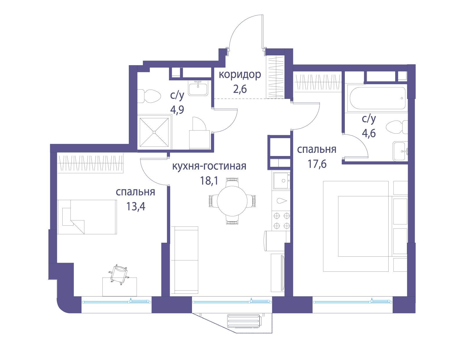 Планировка: 2-комн. квартира 61.20 м² в новостройке Символ