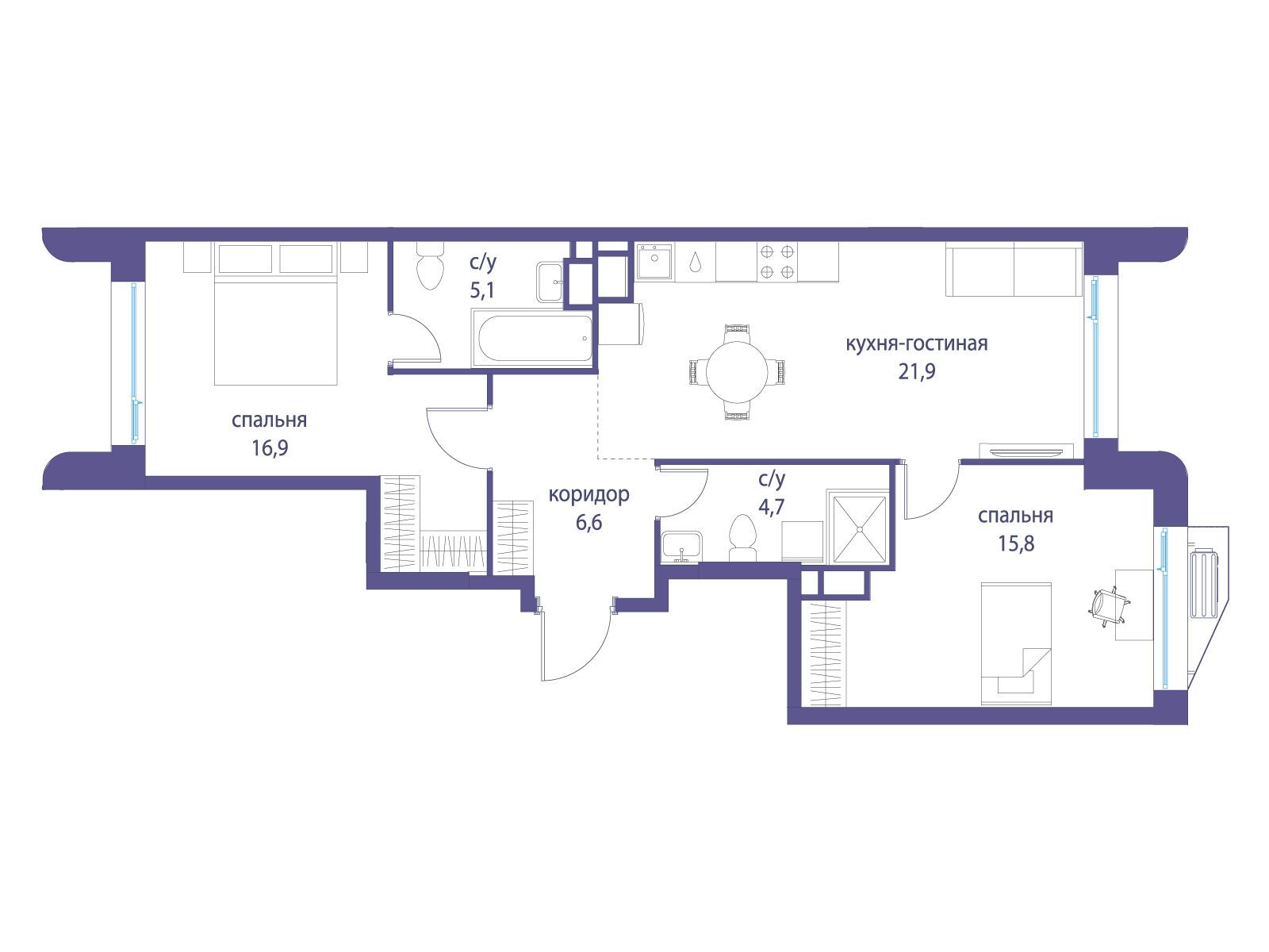 Планировка: 2-комн. квартира 71.00 м² в новостройке Символ
