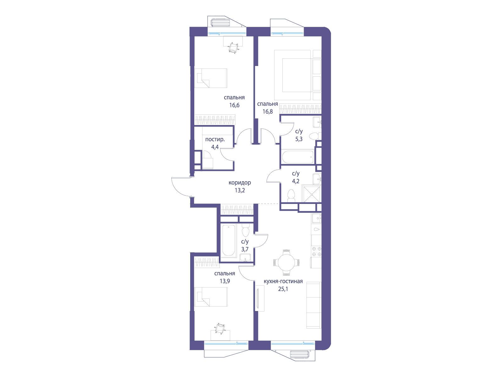 Планировка: 3-комн. квартира 103.20 м² в новостройке Символ