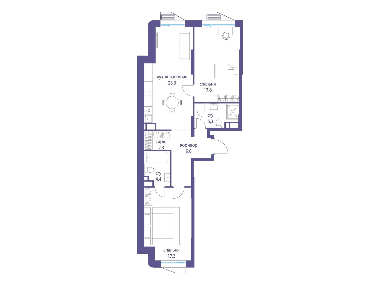 Планировка: 2-комн. квартира 79.20 м² в новостройке Символ