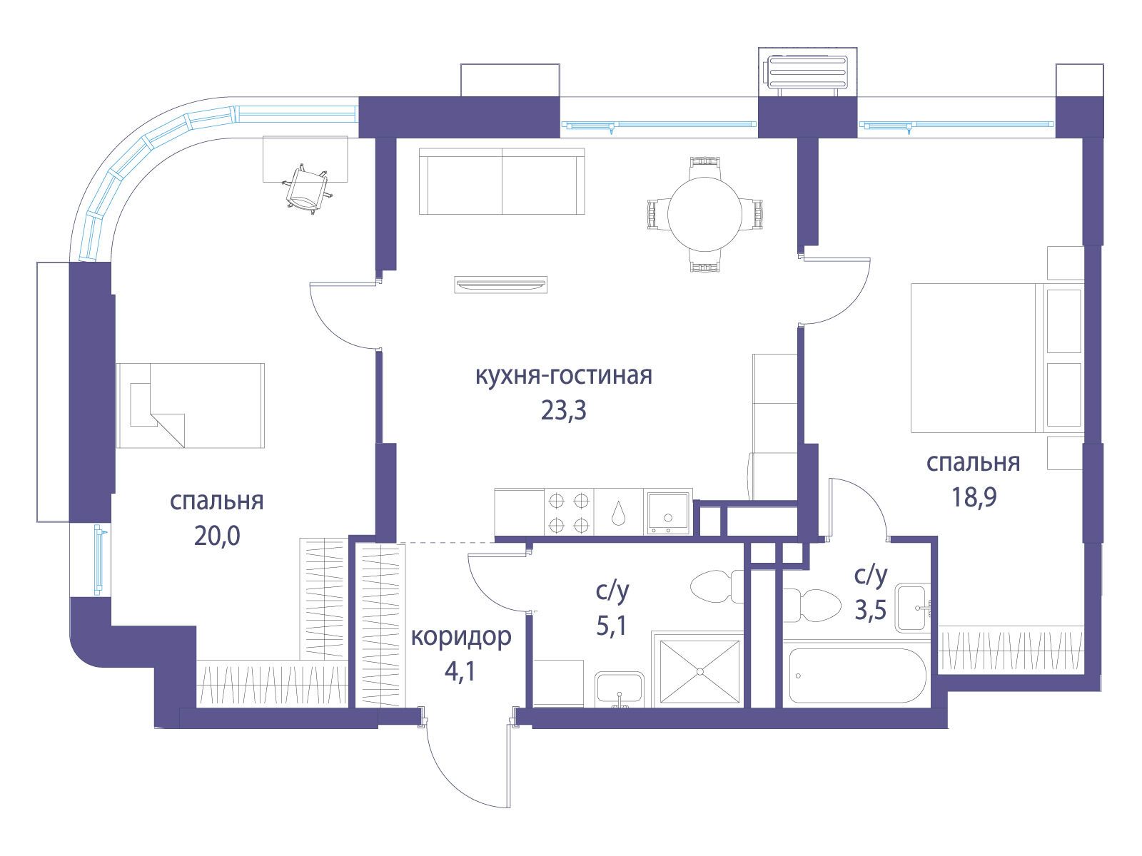Планировка: 2-комн. квартира 74.90 м² в новостройке Символ