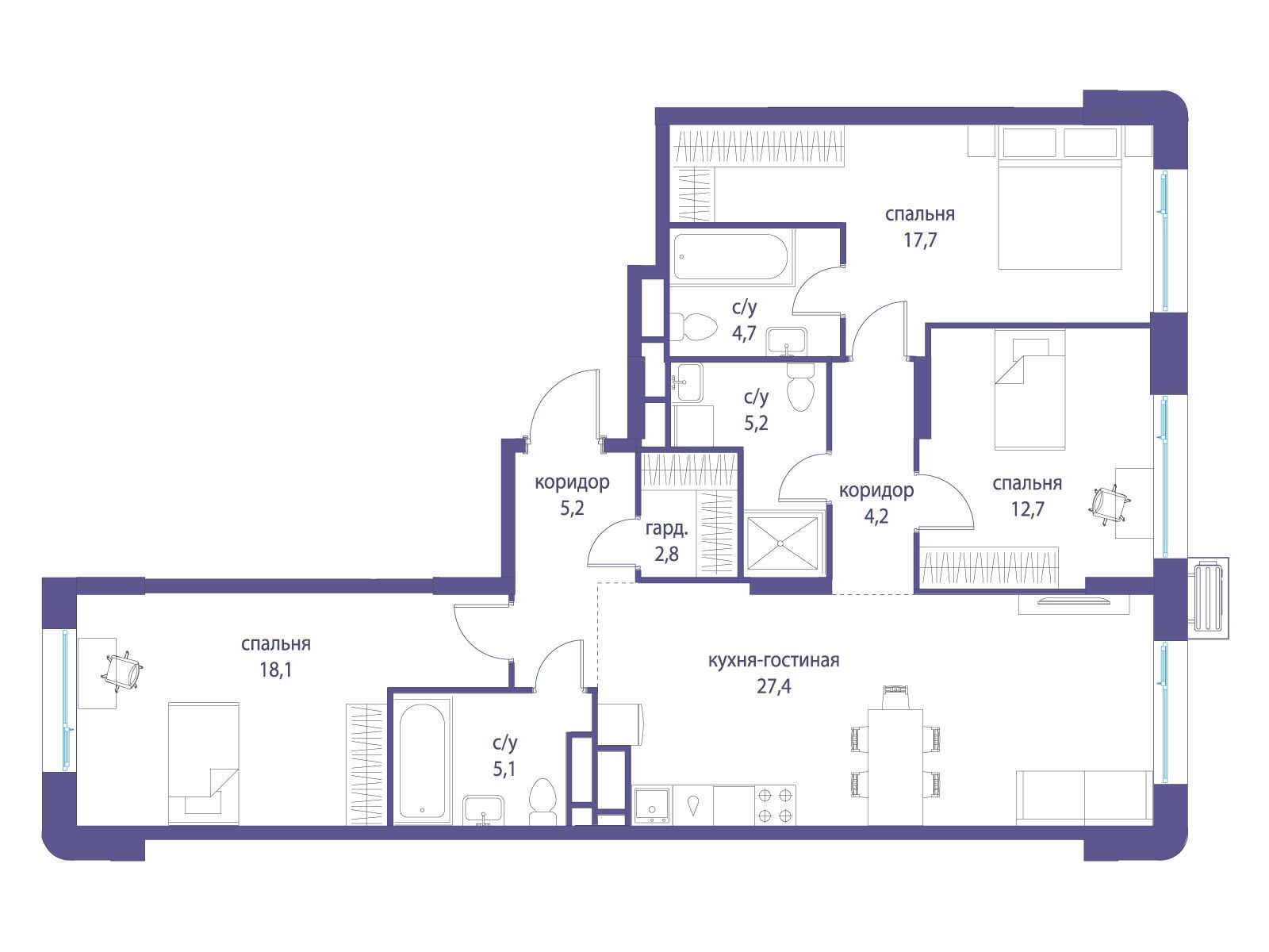 Планировка: 3-комн. квартира 103.10 м² в новостройке Символ