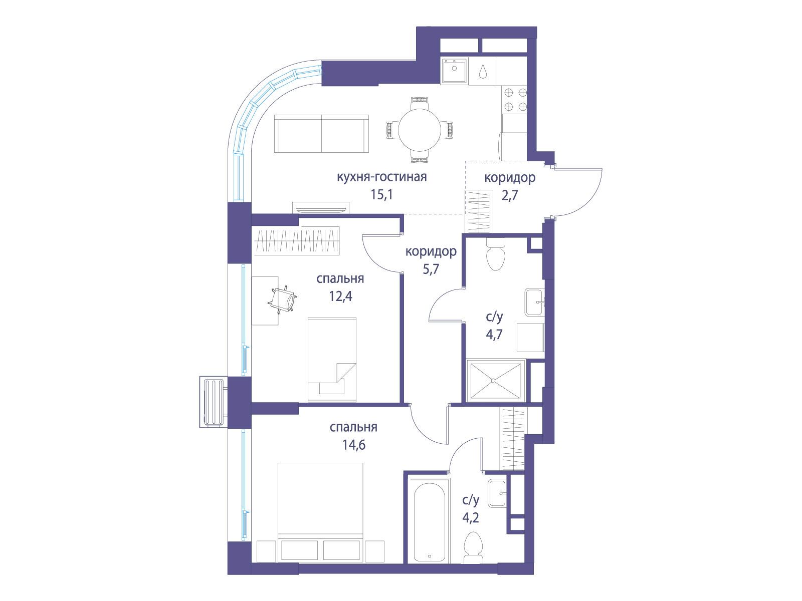 Планировка: 2-комн. квартира 59.40 м² в новостройке Символ