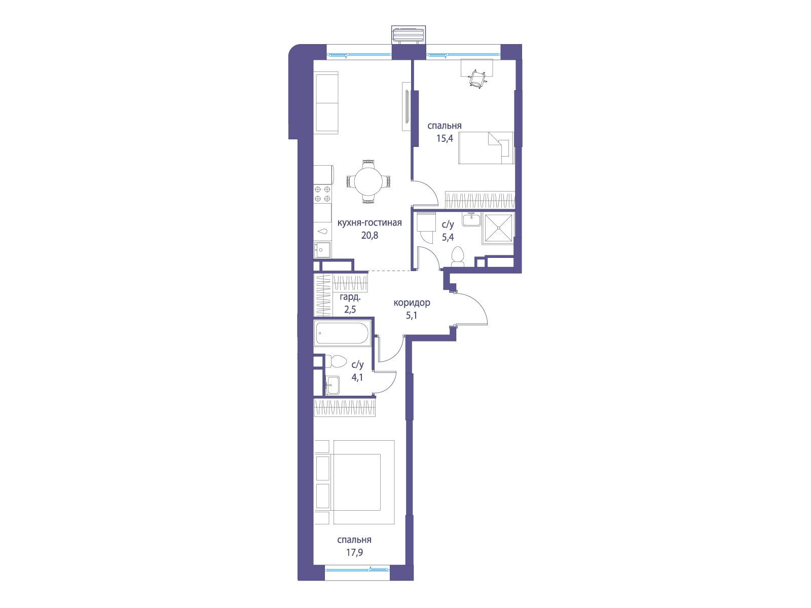 Планировка: 2-комн. квартира 71.20 м² в новостройке Символ