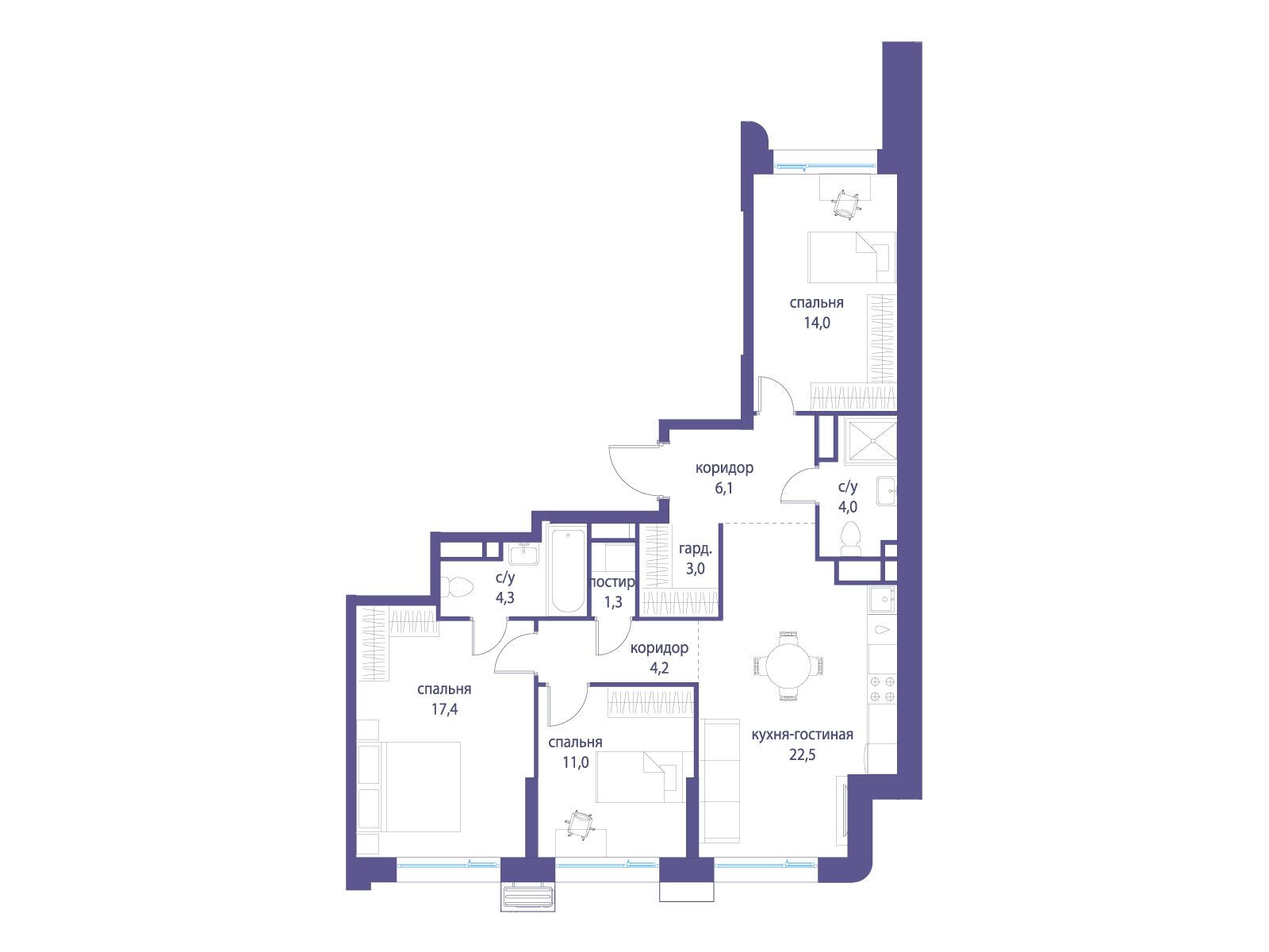 Планировка: 3-комн. квартира 87.80 м² в новостройке Символ