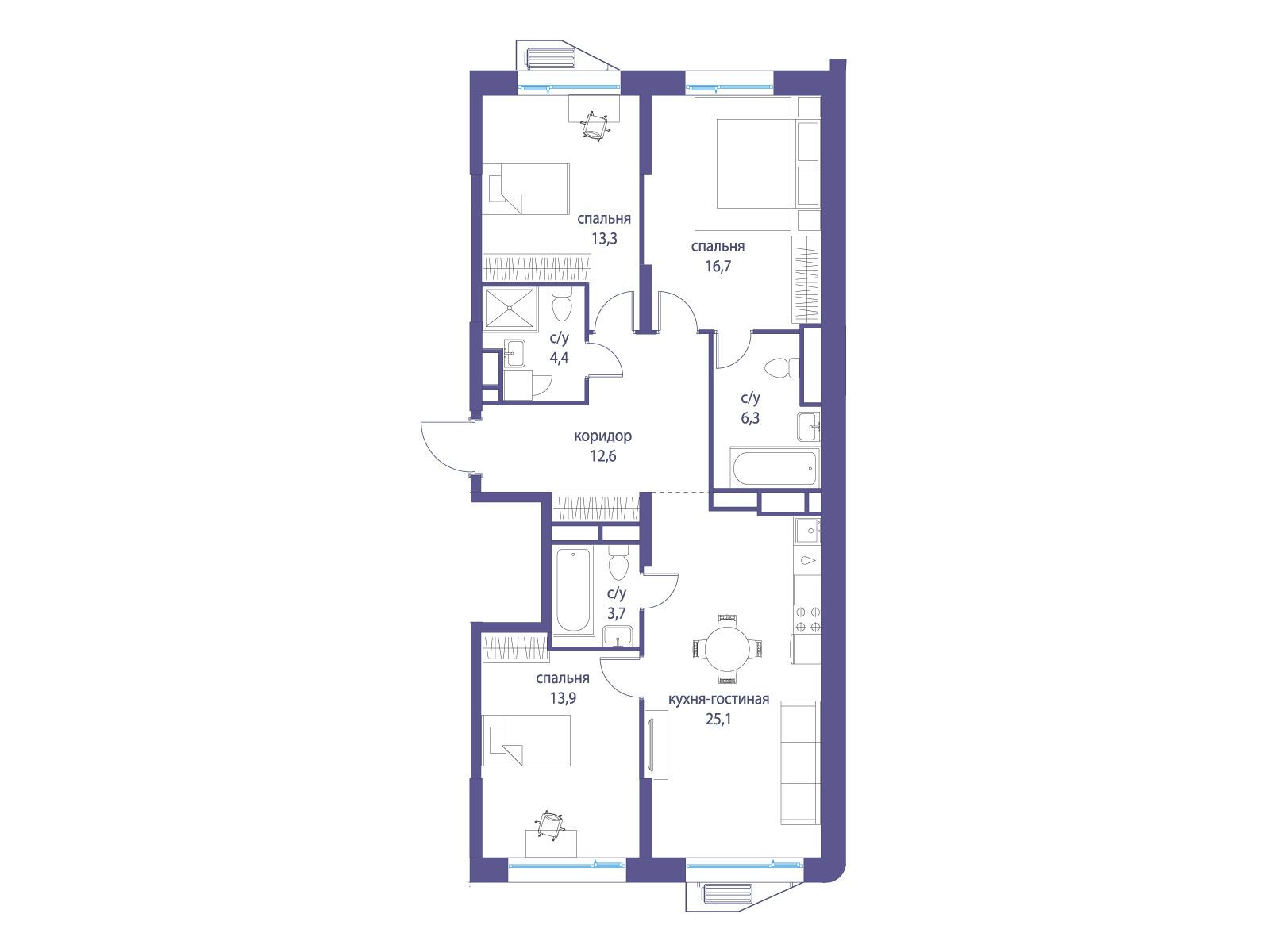 Планировка: 3-комн. квартира 96.00 м² в новостройке Символ