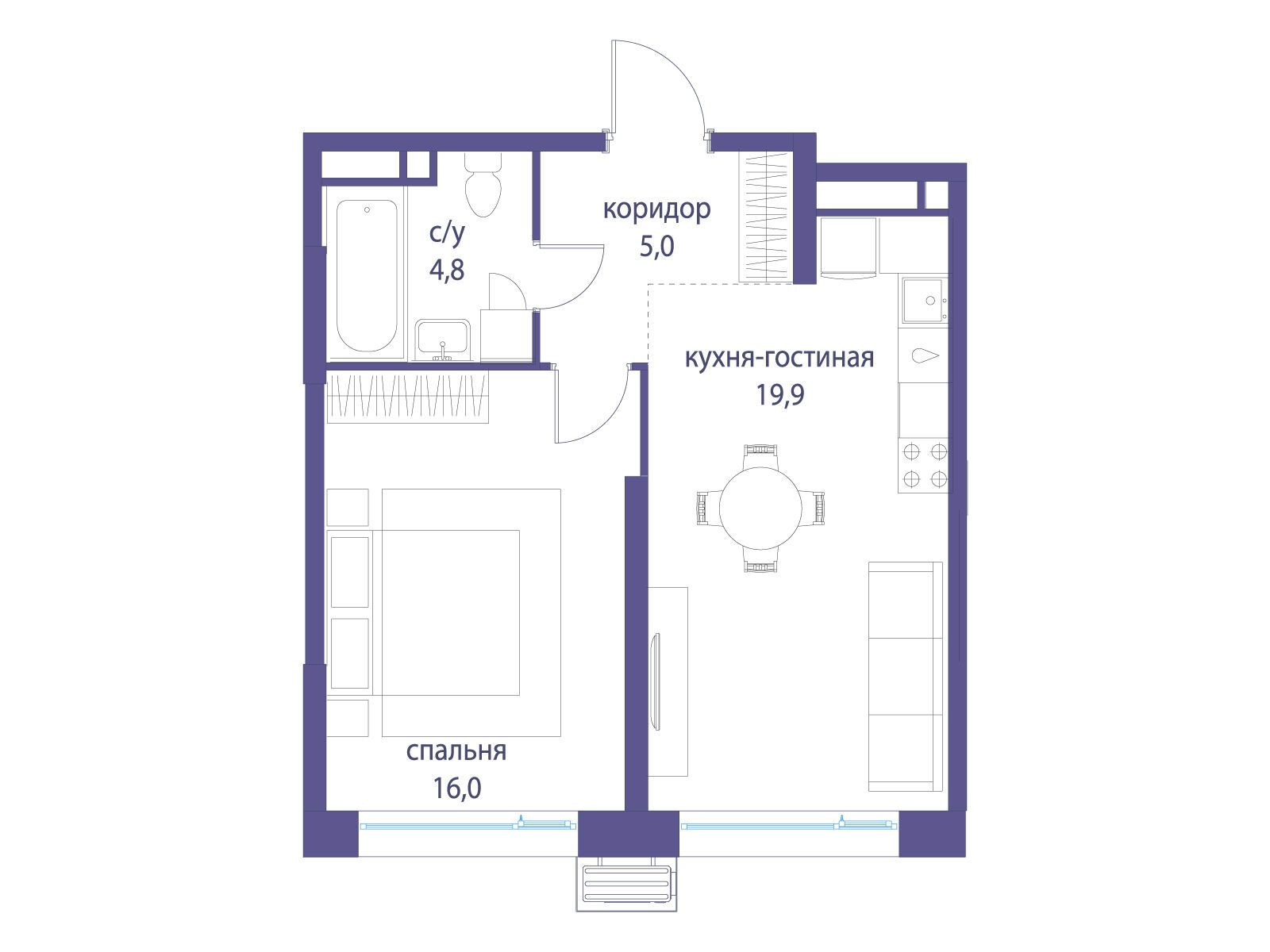 Планировка: 1-комн. квартира 45.70 м² в новостройке Символ