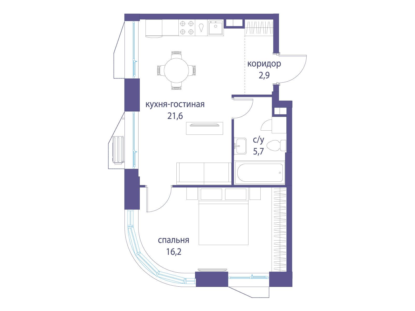 Планировка: 1-комн. квартира 46.40 м² в новостройке Символ