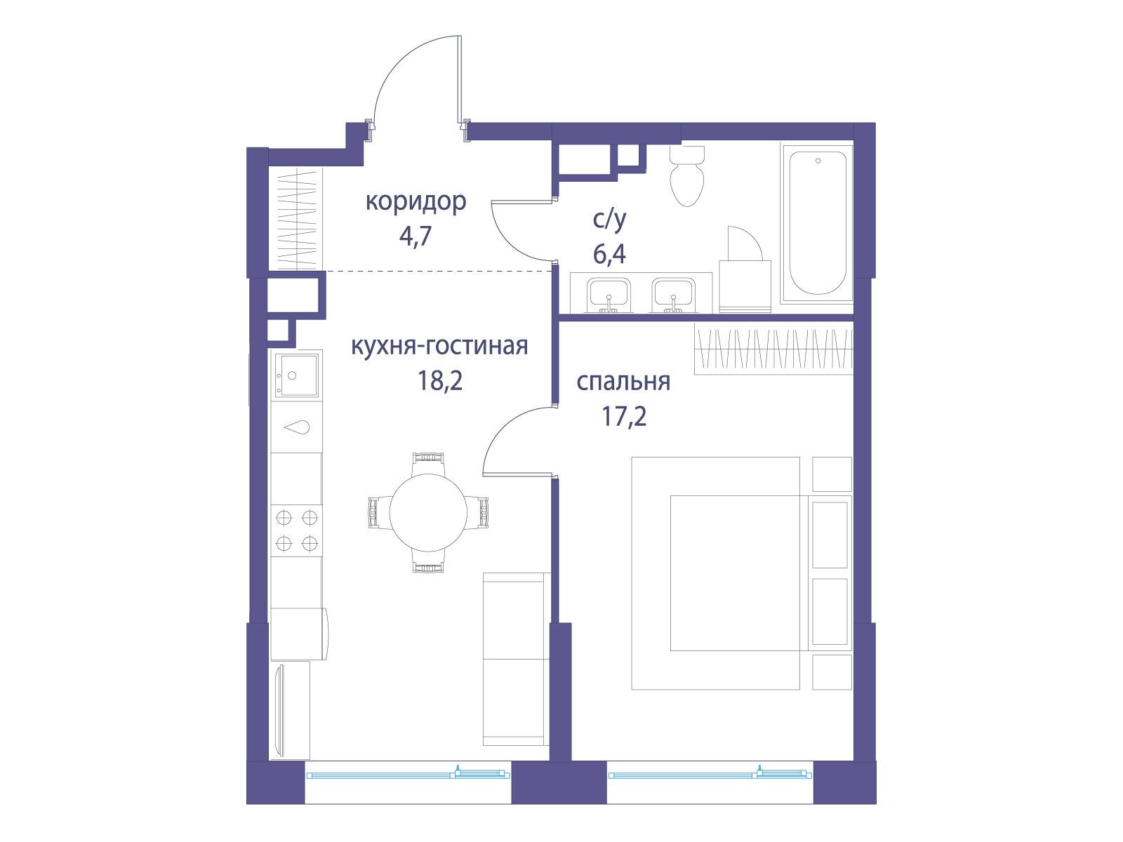 Планировка: 1-комн. квартира 46.50 м² в новостройке Символ