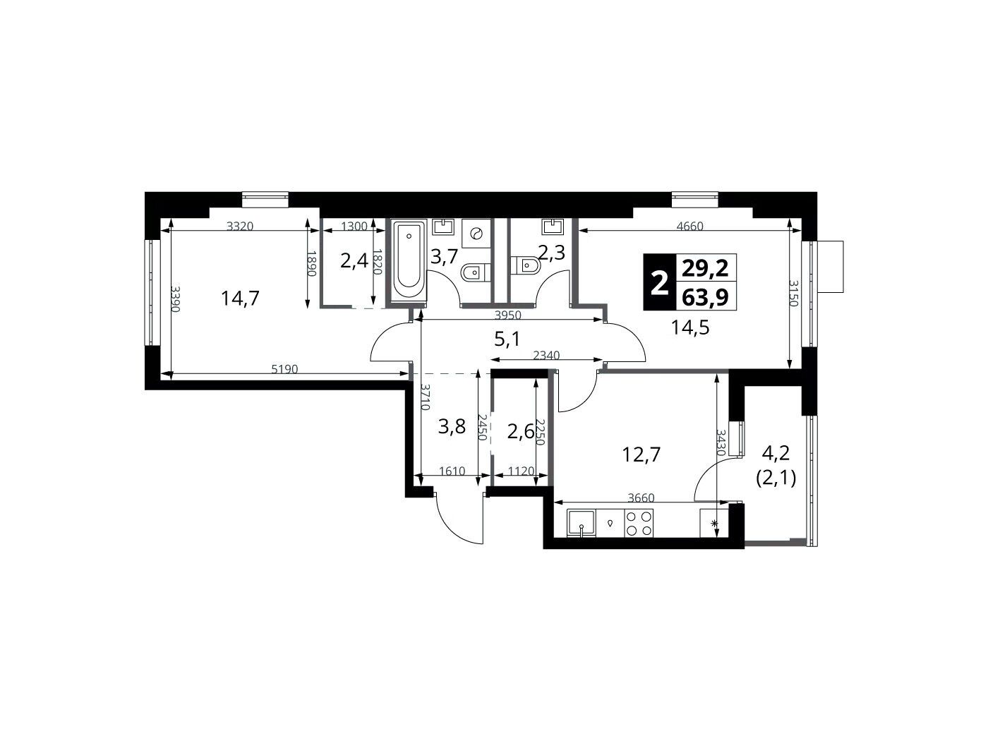 Планировка: 2-комн. квартира 63.90 м² в новостройке ЖК 1-й Ясеневский (Первый Ясеневский)