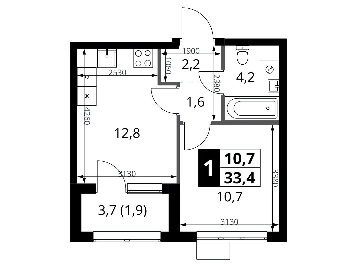 Планировка: 1-комн. квартира 33.40 м² в новостройке 1-й Ясеневский