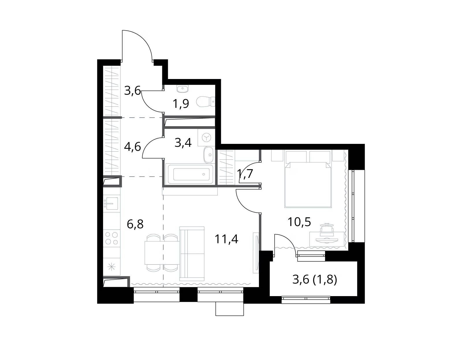 Планировка: 2-комн. квартира 45.70 м² в новостройке 1-й Саларьевский