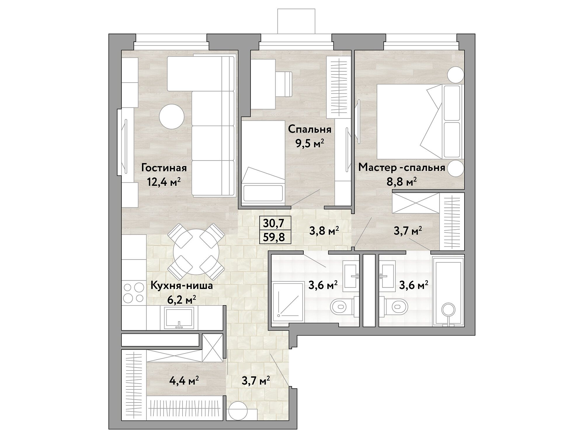 Планировка: 2-комн. квартира 59.80 м² в новостройке ЖК Новые смыслы