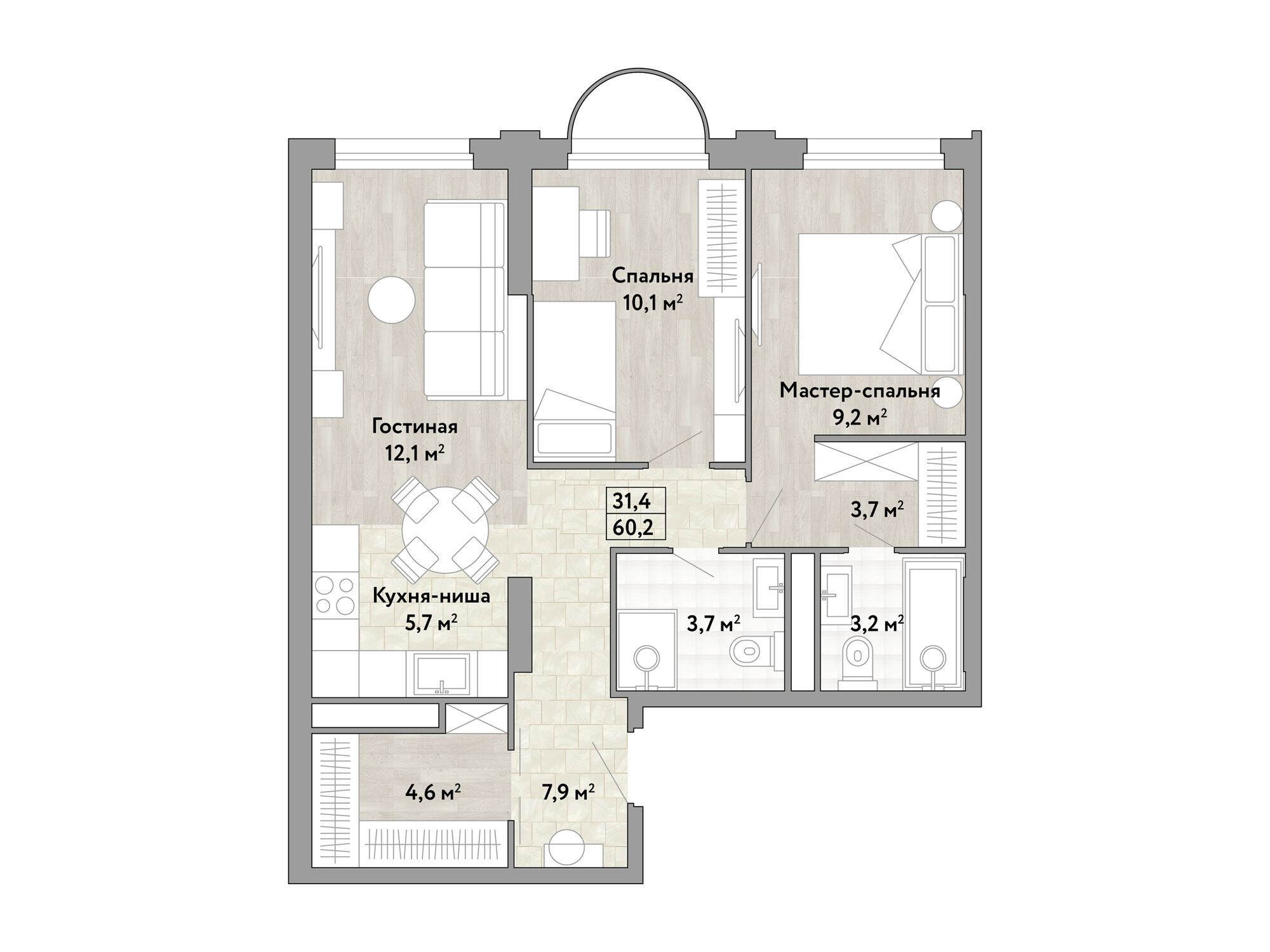 Планировка: 2-комн. квартира 60.20 м² в новостройке ЖК Новые смыслы