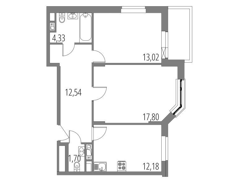 Планировка: 2-комн. квартира 63.65 м² в новостройке Внуково Парк