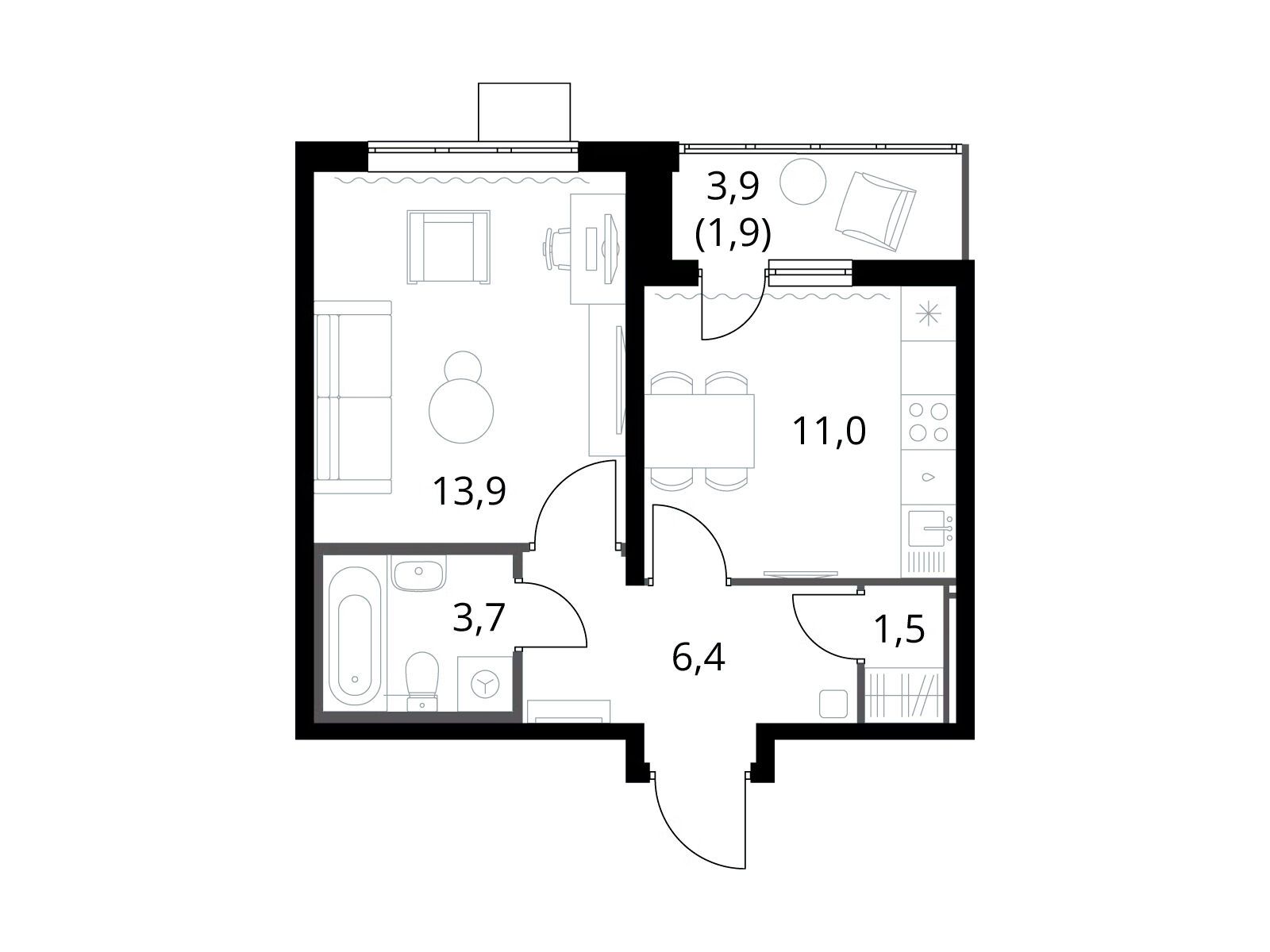 Планировка: 1-комн. квартира 38.20 м² в новостройке 1-й Южный