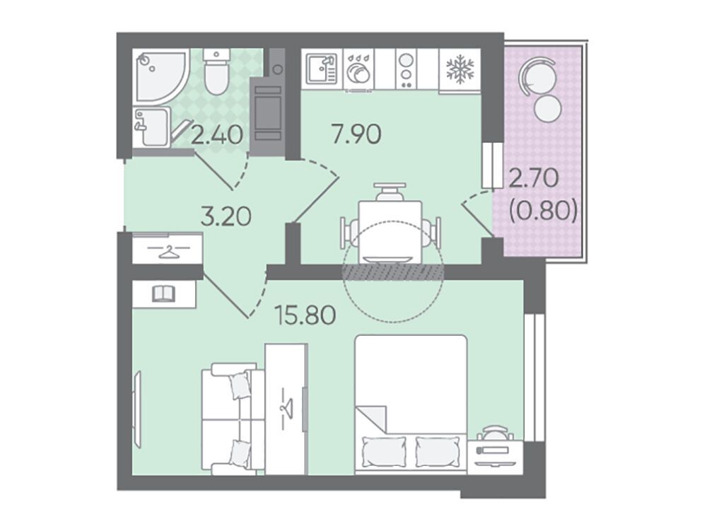 Планировка: 1-комн. квартира 30.10 м² в новостройке Цветной город