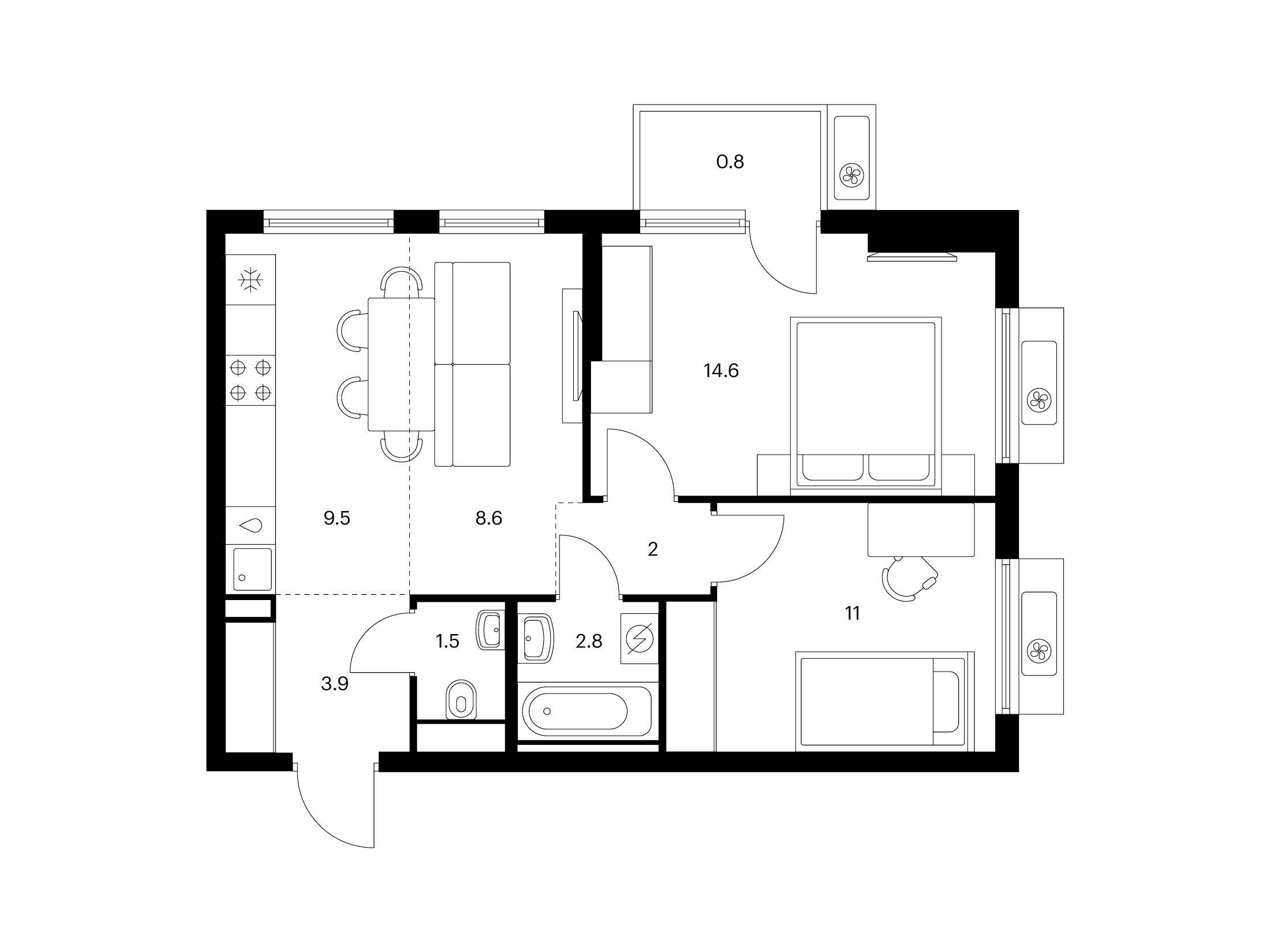 Планировка: 2-комн. квартира 54.80 м² в новостройке Витебский парк