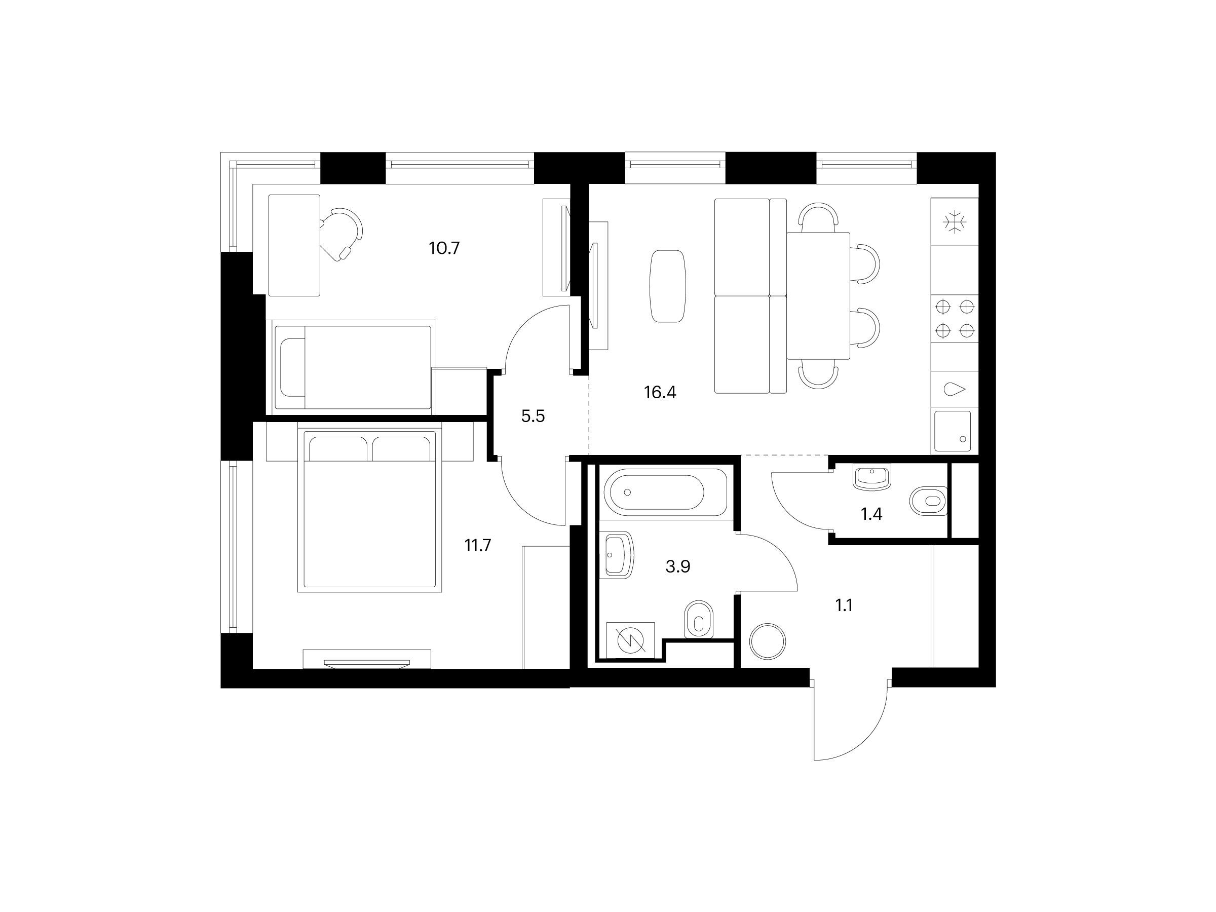 Планировка: 2-комн. квартира 50.70 м² в новостройке Витебский парк