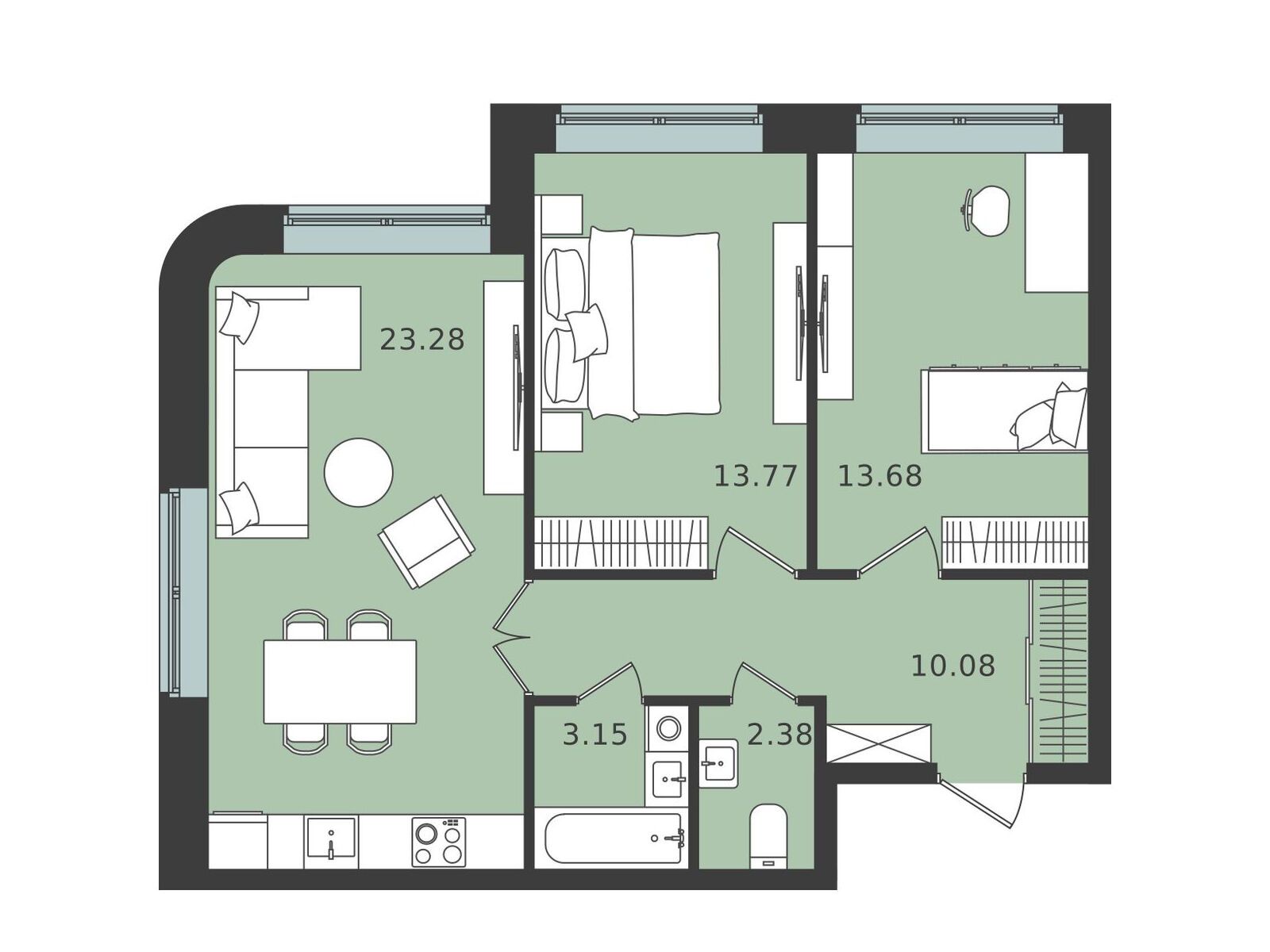 Планировка: 2-комн. квартира 66.34 м² в новостройке Мишино-2