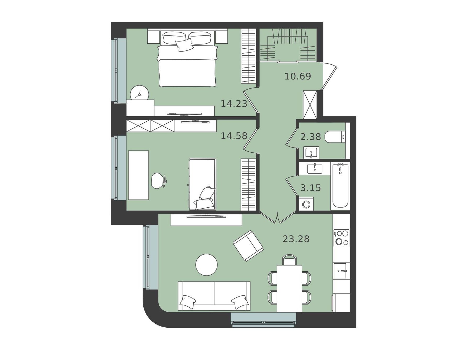 Планировка: 2-комн. квартира 68.31 м² в новостройке ЖК Мишино-2