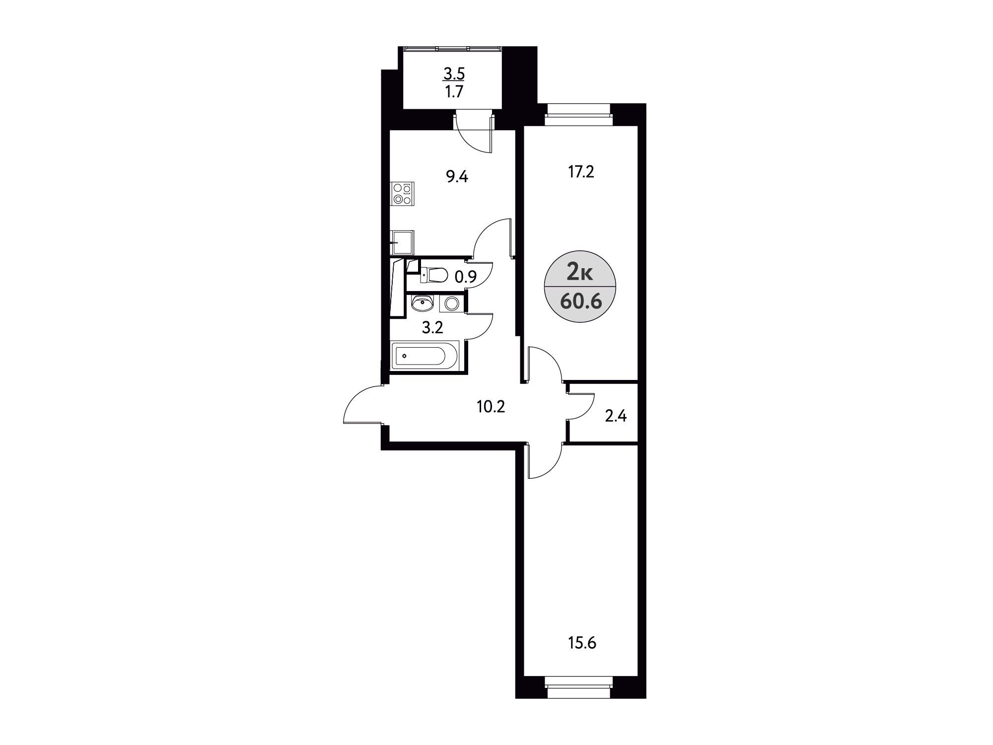 Планировка: 2-комн. квартира 60.60 м² в новостройке Солнечная Долина