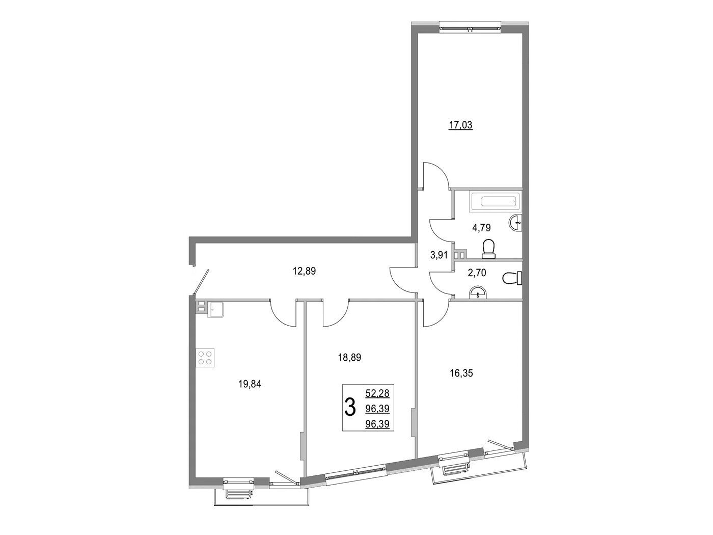 Планировка: 3-комн. квартира 96.50 м² в новостройке Эльйон