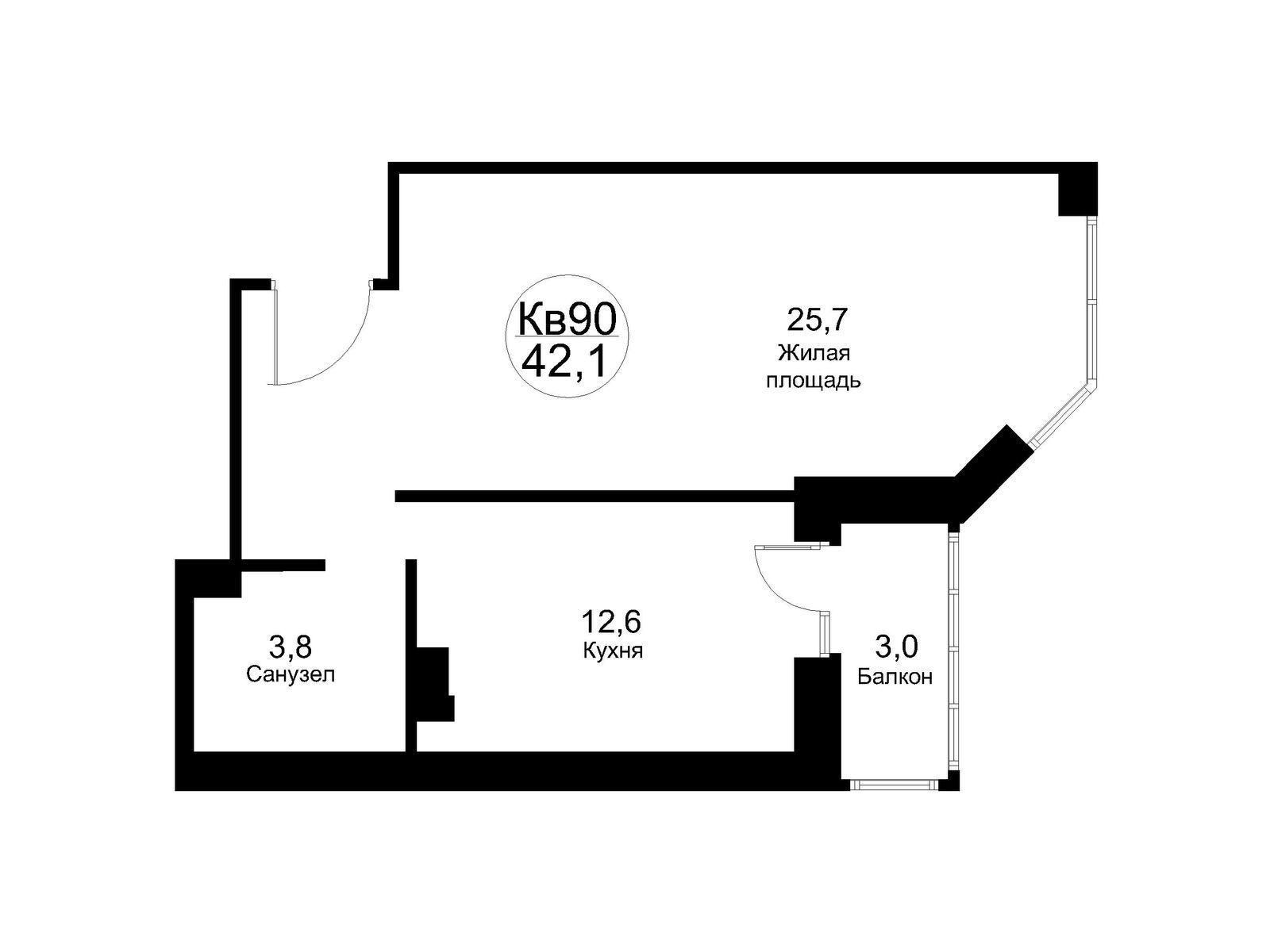 Планировка: 1-комн. квартира 45.10 м² в новостройке Москворецкий