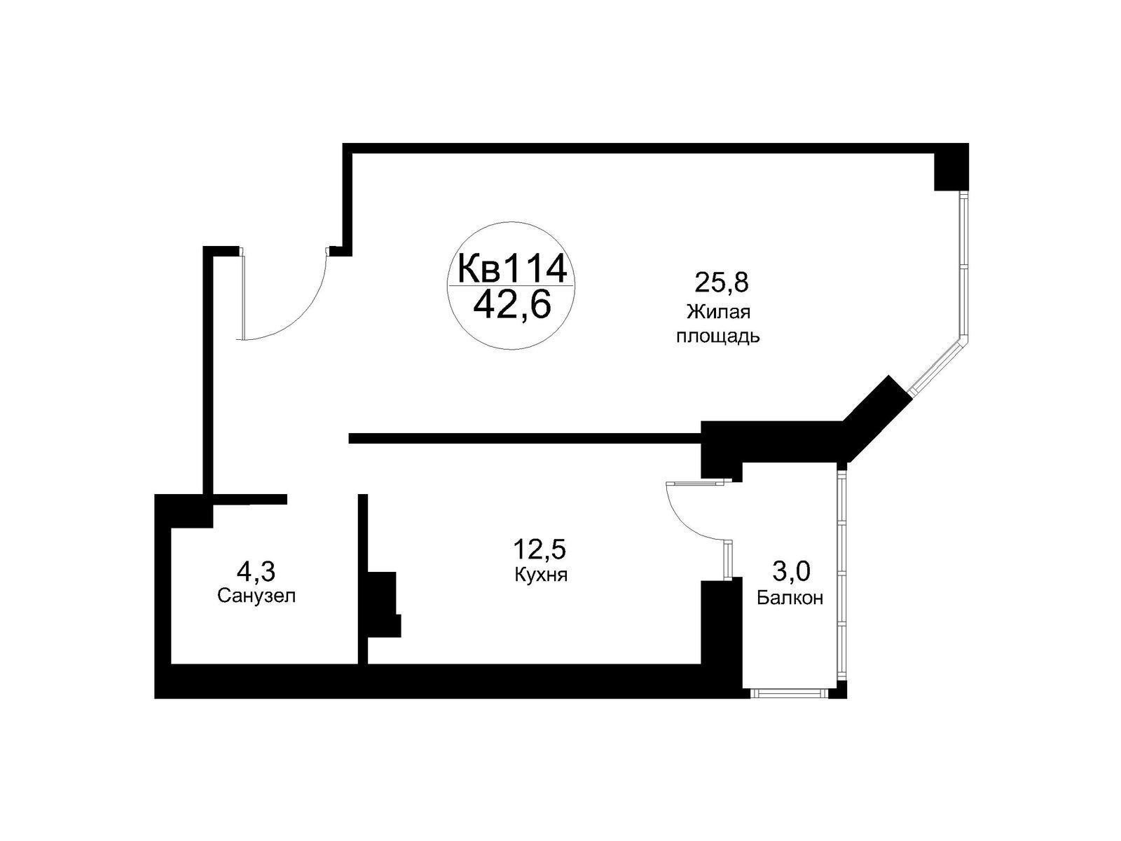 Планировка: 1-комн. квартира 45.60 м² в новостройке Москворецкий