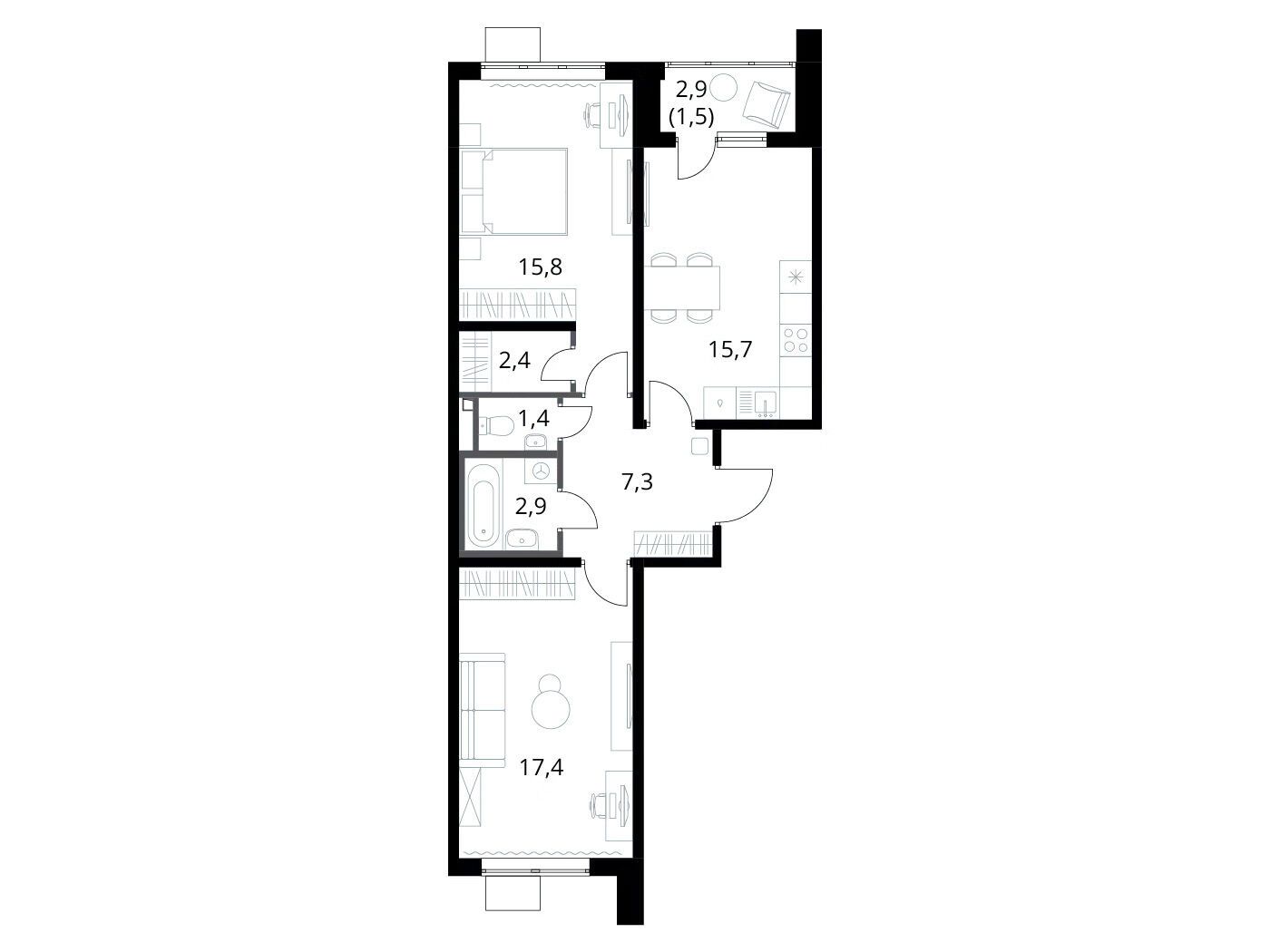 Планировка: 2-комн. квартира 64.40 м² в новостройке 1-й Донской
