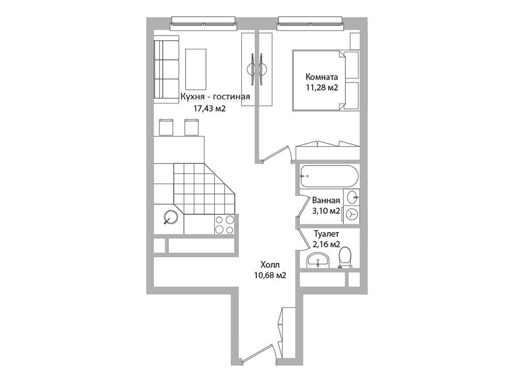 Планировка: 2-комн. квартира 44.70 м² в новостройке Адрес