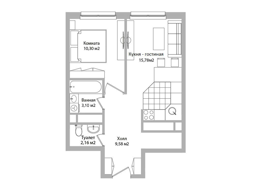 Планировка: 2-комн. квартира 40.90 м² в новостройке Адрес