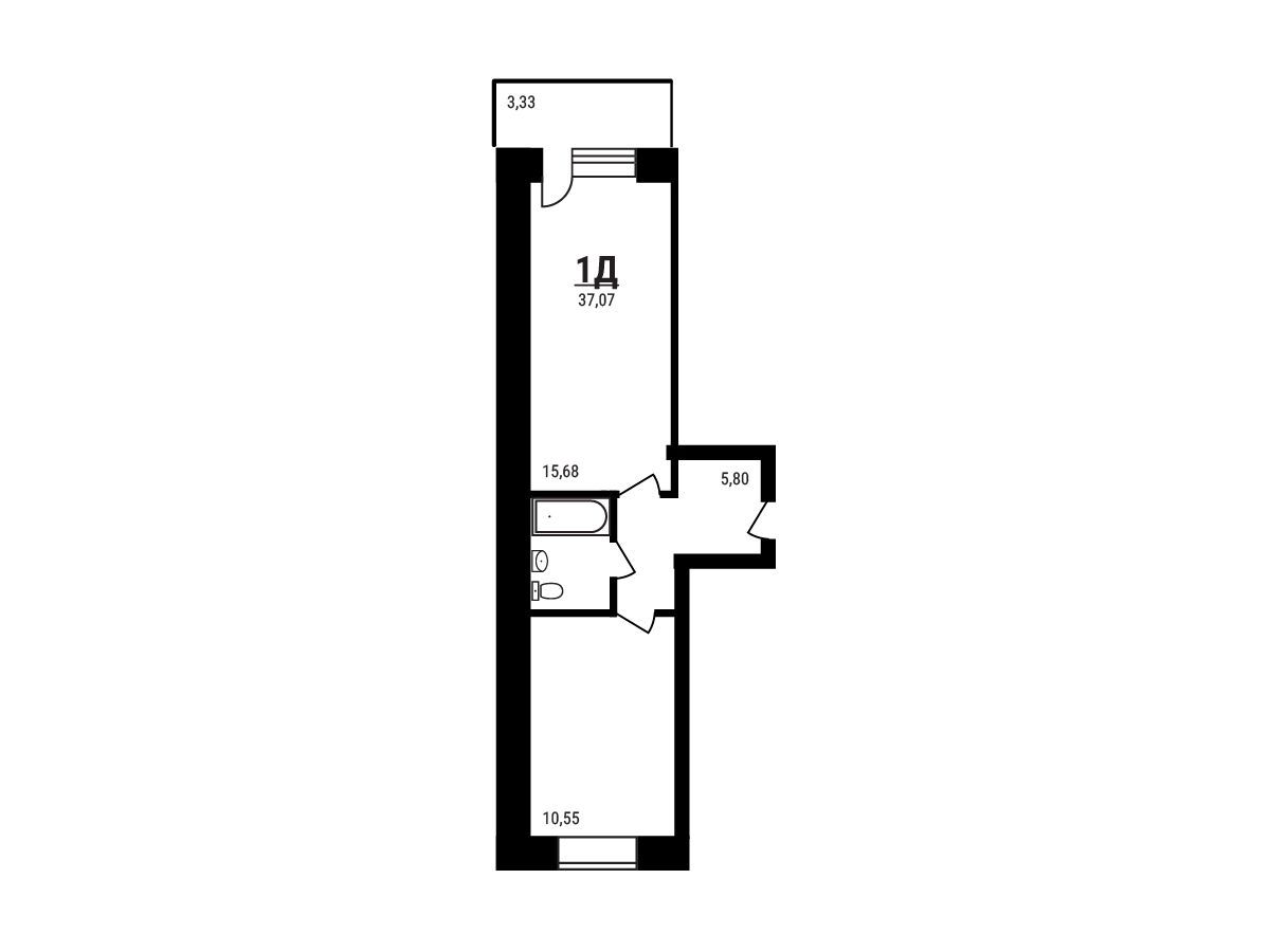 Планировка: 1-комн. квартира 37.07 м² в новостройке Дружный