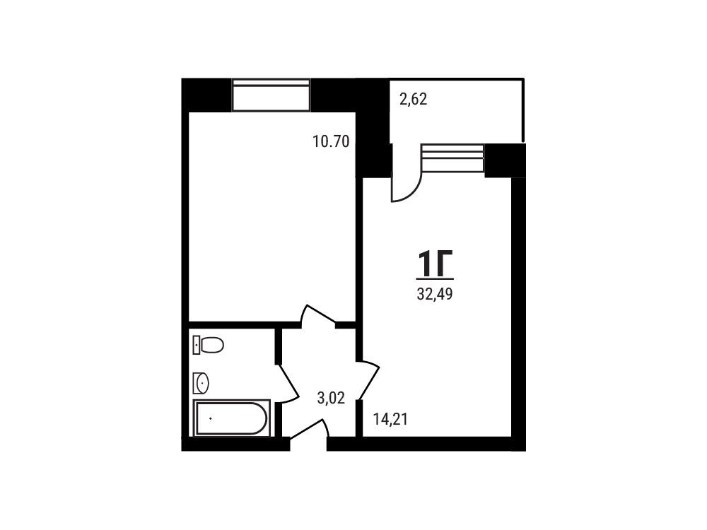 Планировка: 1-комн. квартира 32.49 м² в новостройке Дружный