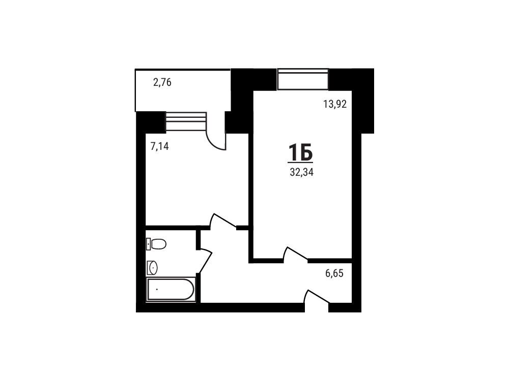 Планировка: 1-комн. квартира 32.34 м² в новостройке Дружный