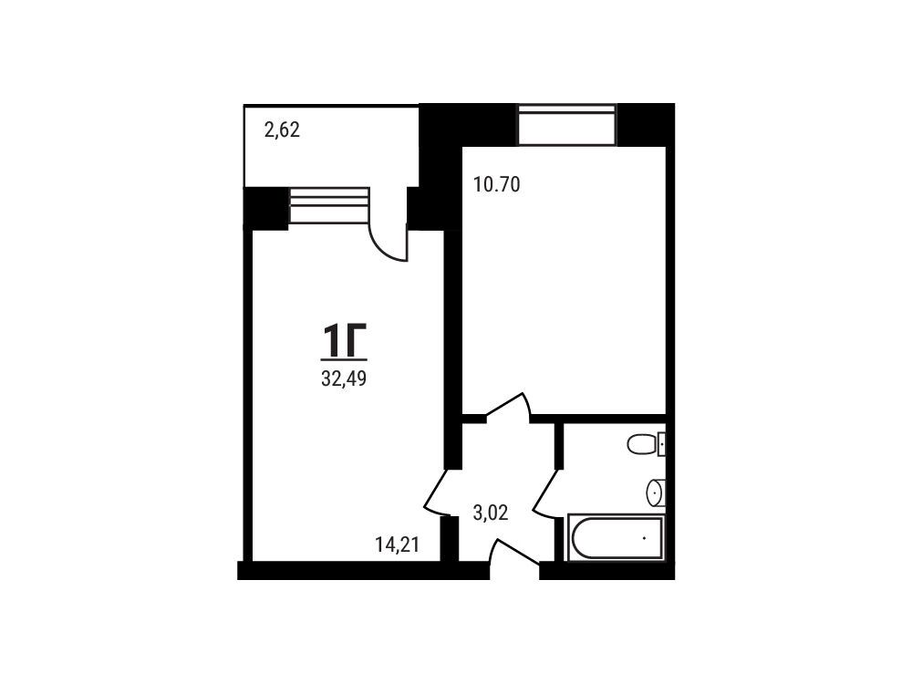Планировка: 1-комн. квартира 32.49 м² в новостройке Дружный
