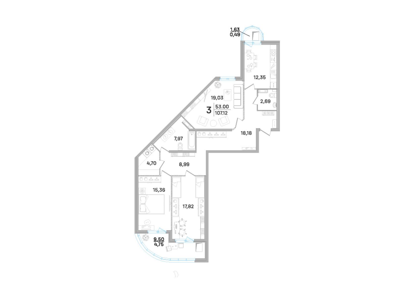 Планировка: 3-комн. квартира 108.50 м² в новостройке Дом-Мегалит в Королеве