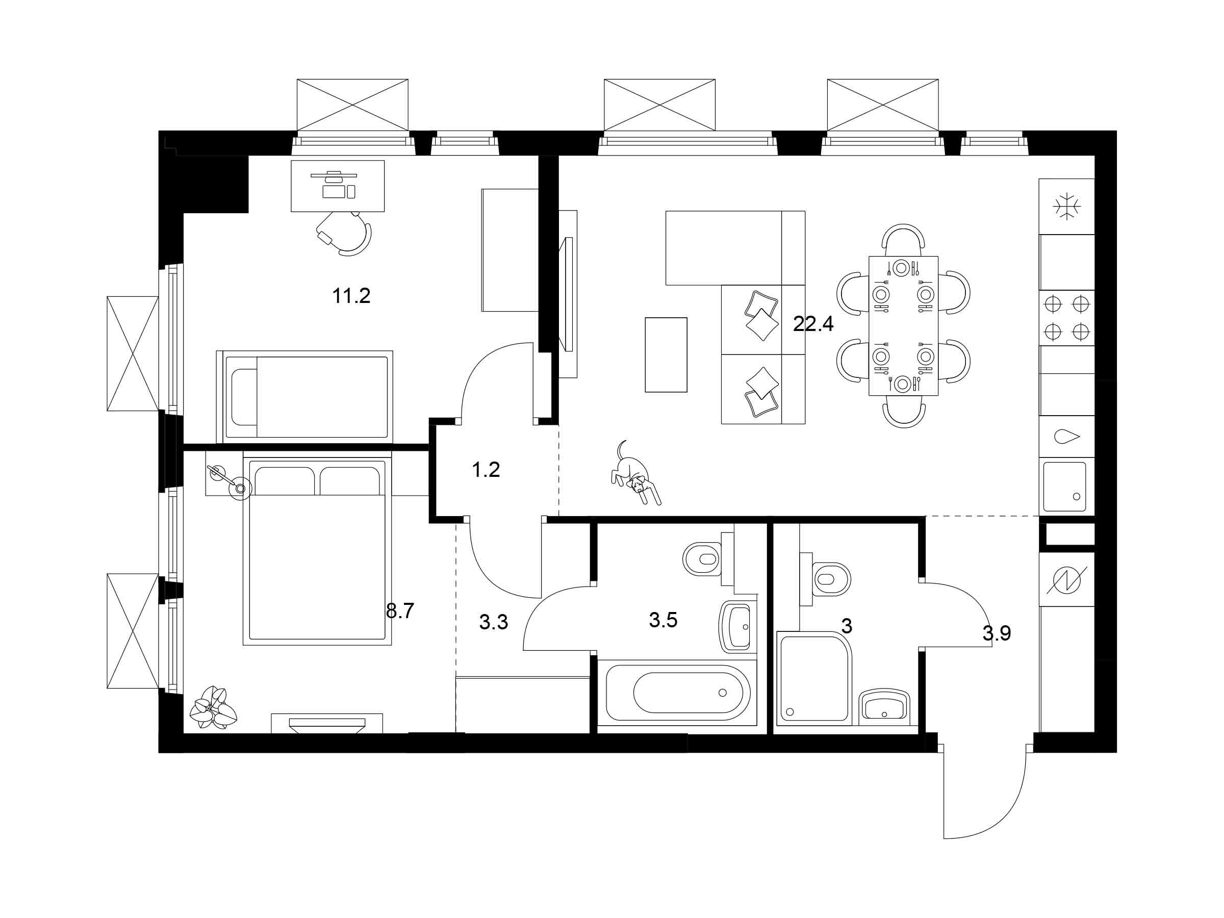 Планировка: 2-комн. квартира 57.20 м² в новостройке Ярославский квартал