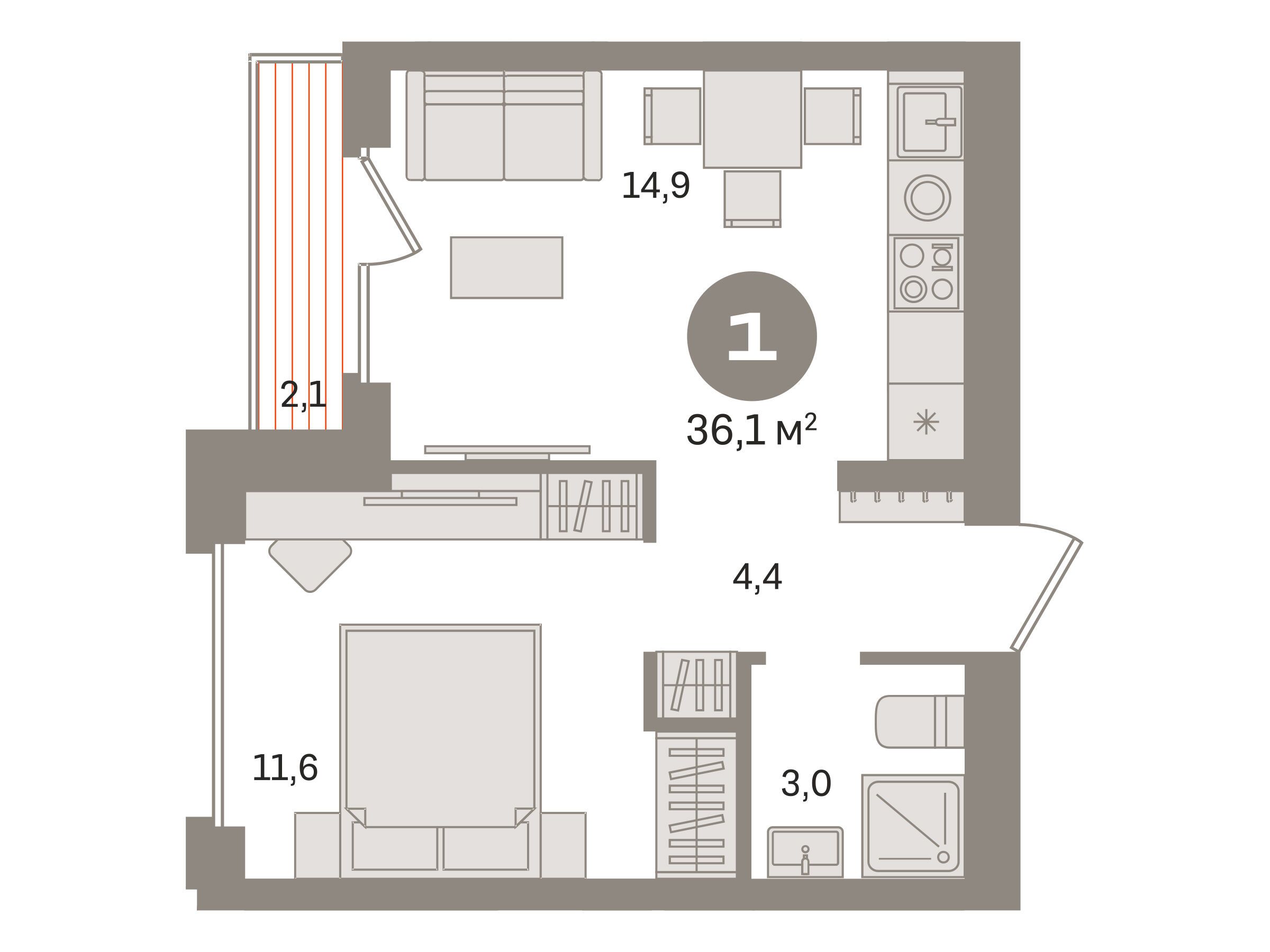 Планировка: 1-комн. квартира 36.10 м² в новостройке Первый квартал