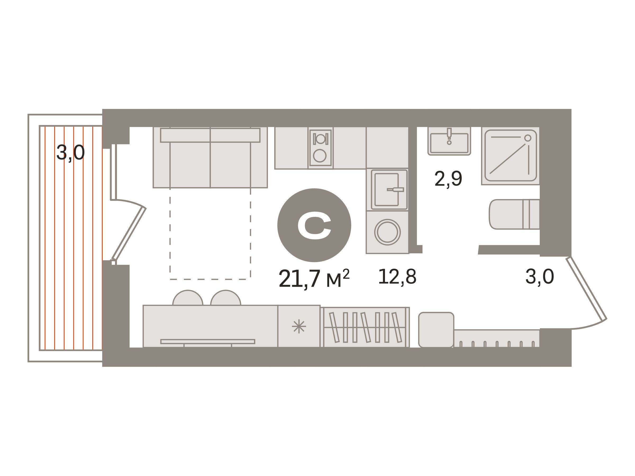 Планировка: Студия 21.70 м² в новостройке Первый квартал