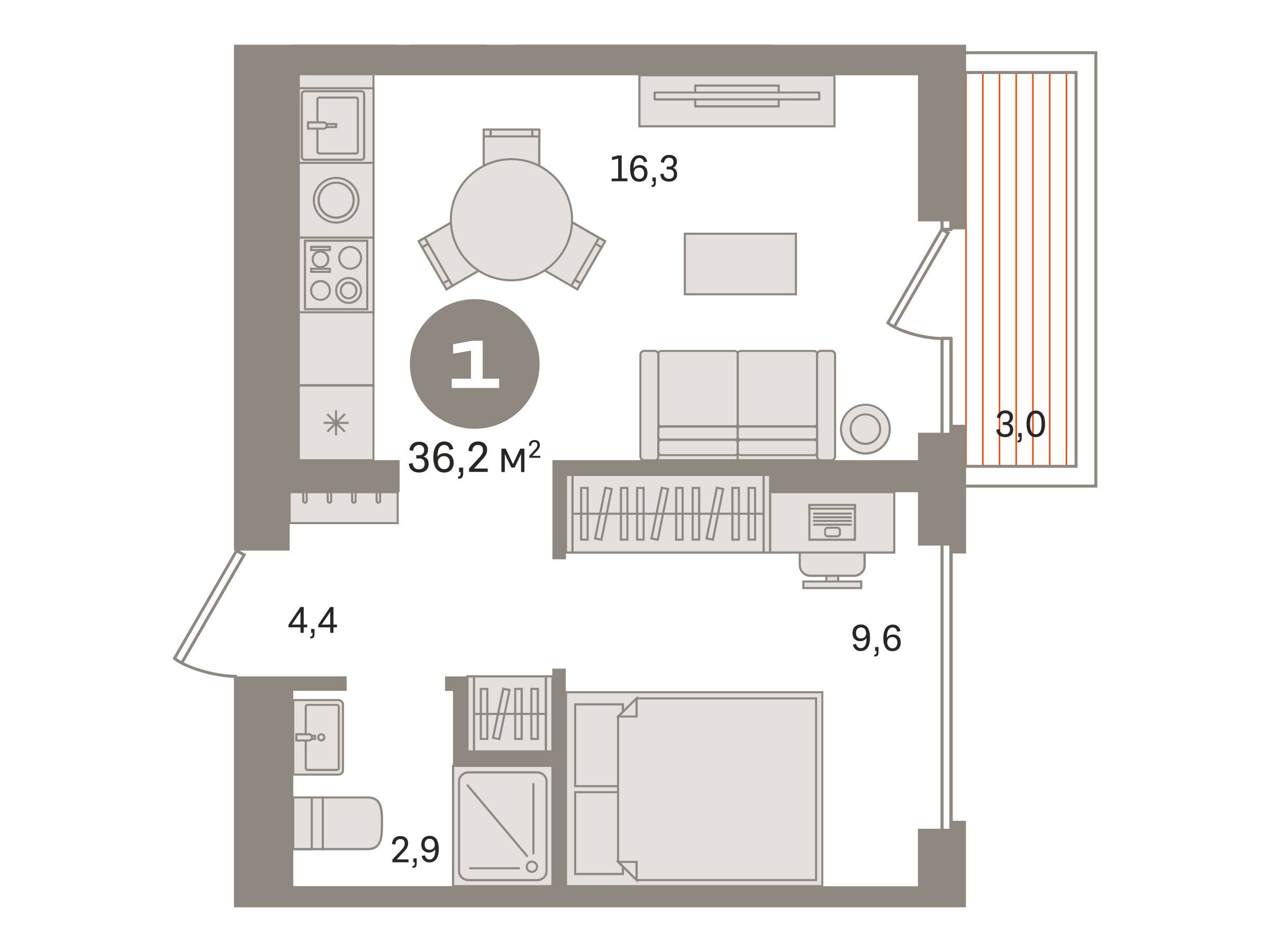 Планировка: 1-комн. квартира 36.20 м² в новостройке Первый квартал