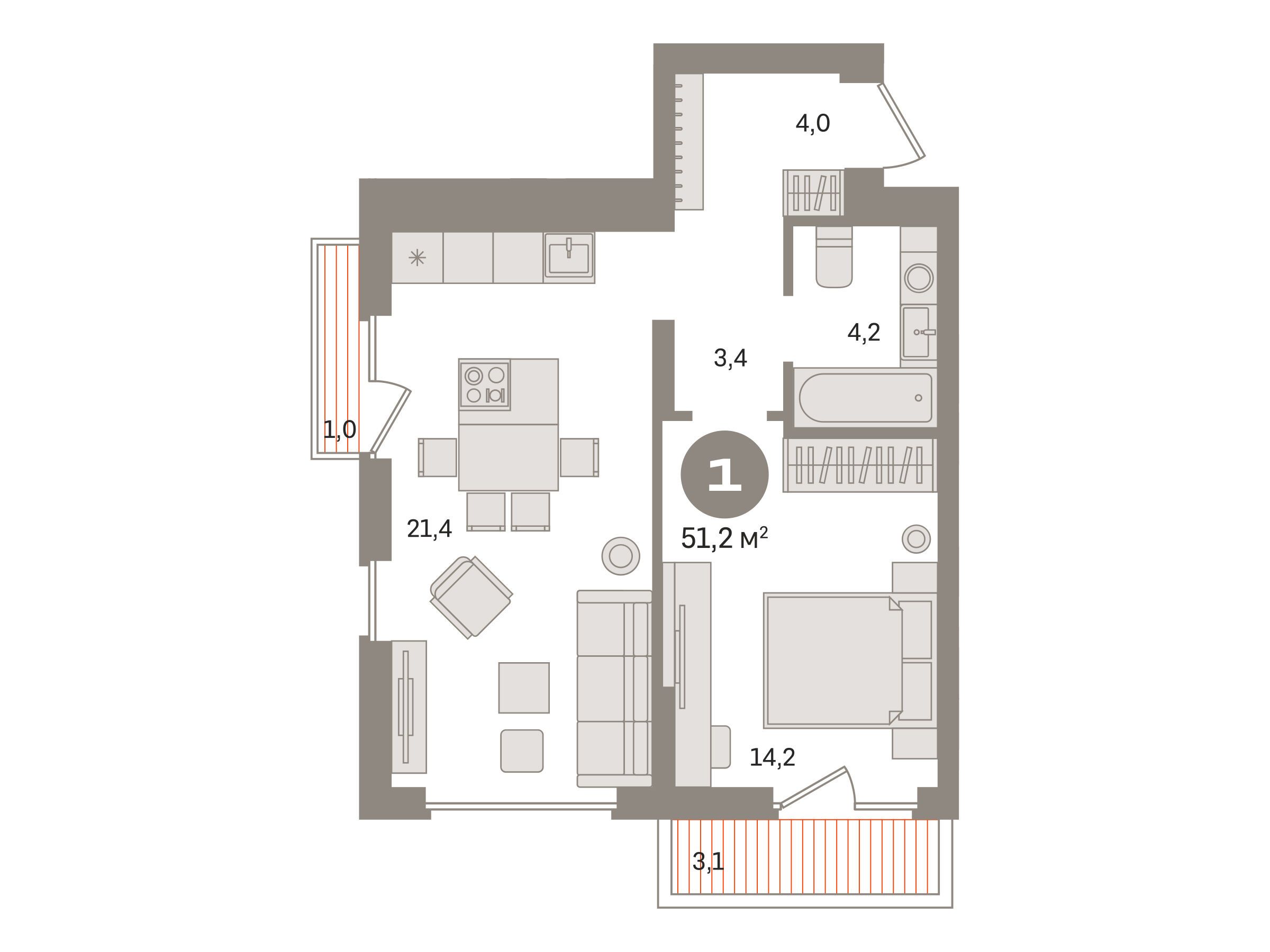Планировка: 1-комн. квартира 51.20 м² в новостройке Первый квартал