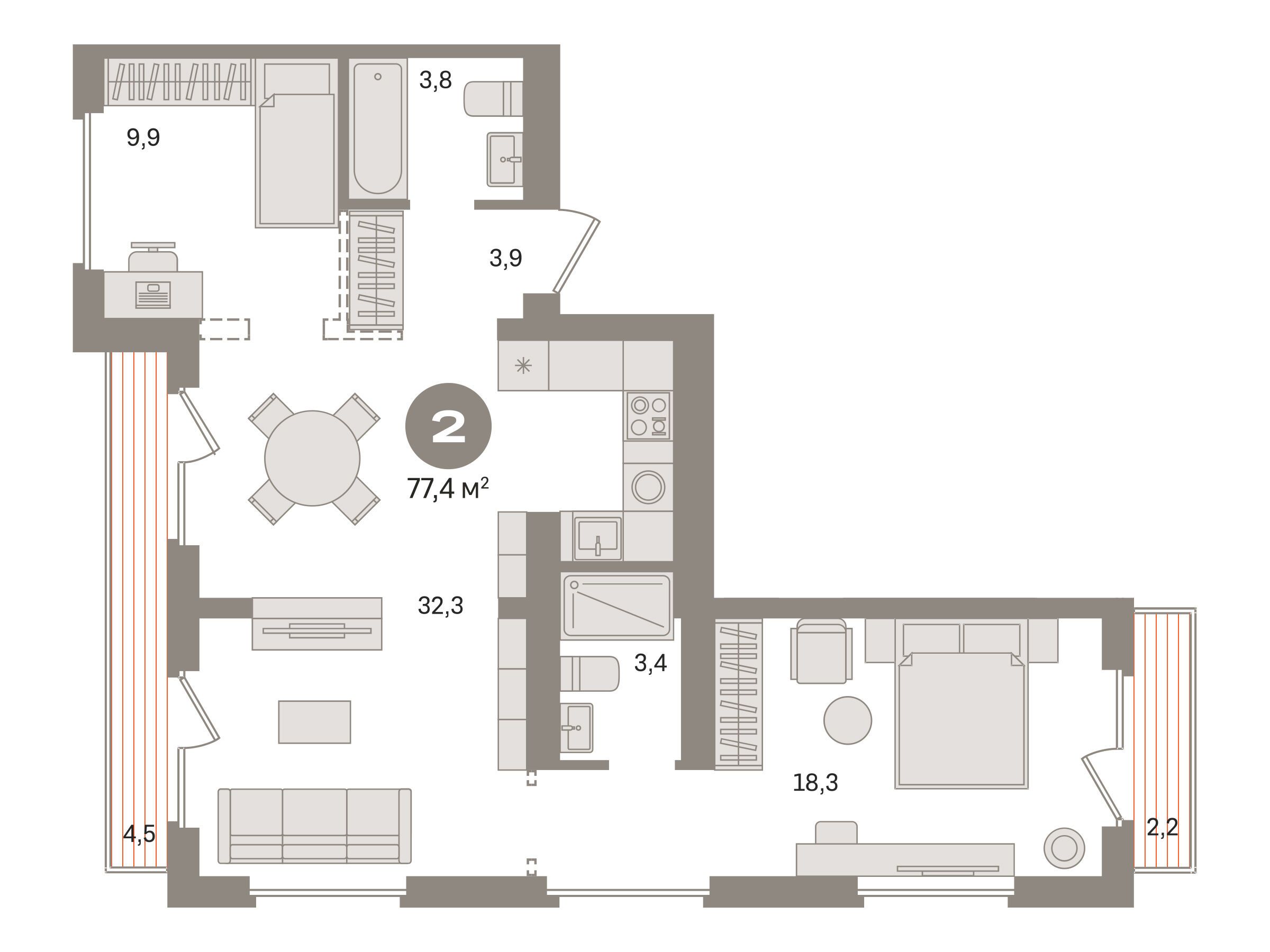 Планировка: 2-комн. квартира 77.40 м² в новостройке Первый квартал