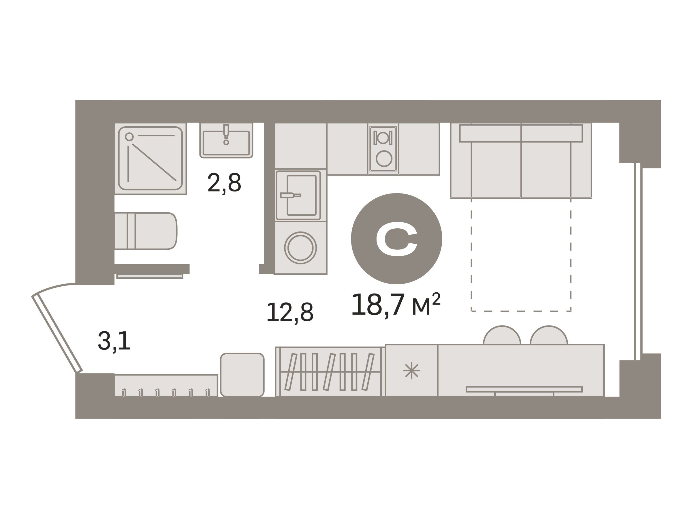 Планировка: Студия 18.70 м² в новостройке Первый квартал