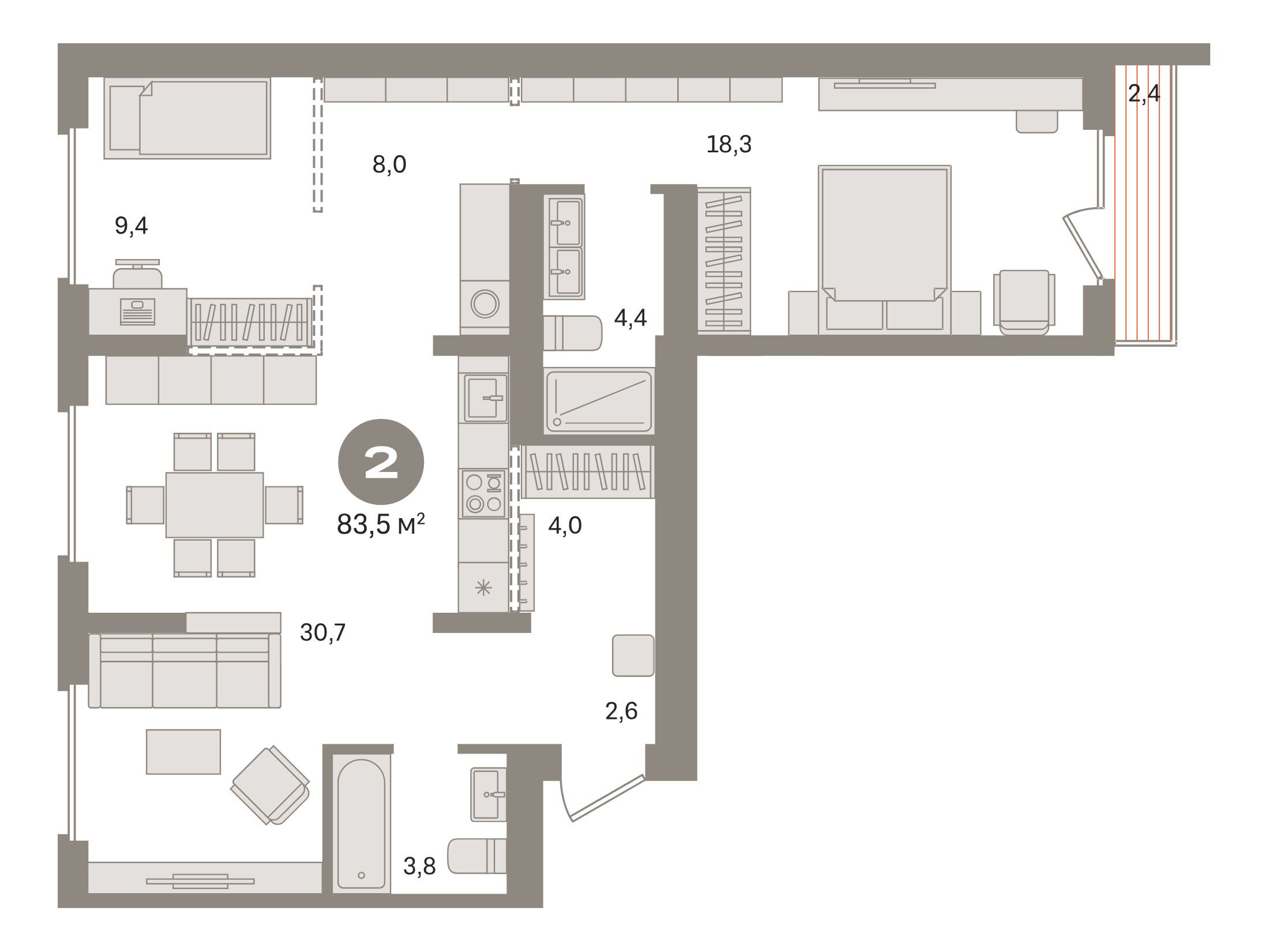 Планировка: 2-комн. квартира 83.50 м² в новостройке Первый квартал
